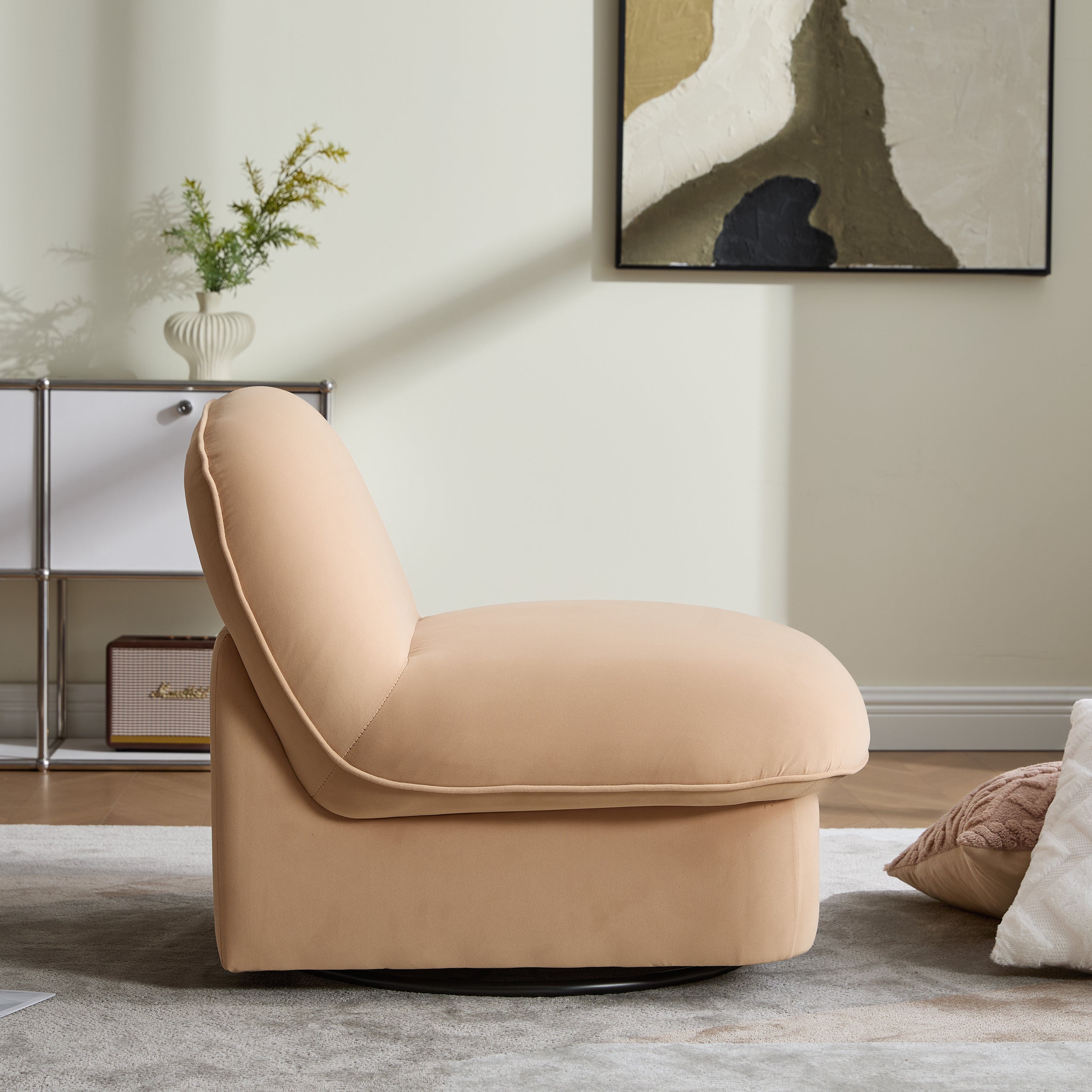 Swivel Accent Chair 360 Degree Khaki Pumpkin-Shape Foam Spring Metal Base