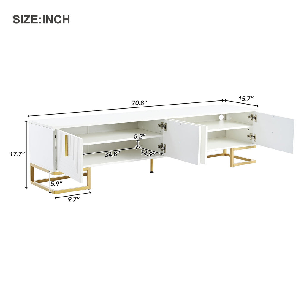 TV Stand Modern White Gold Geometric Door MDF Adjustable Shelves Fits 80 In