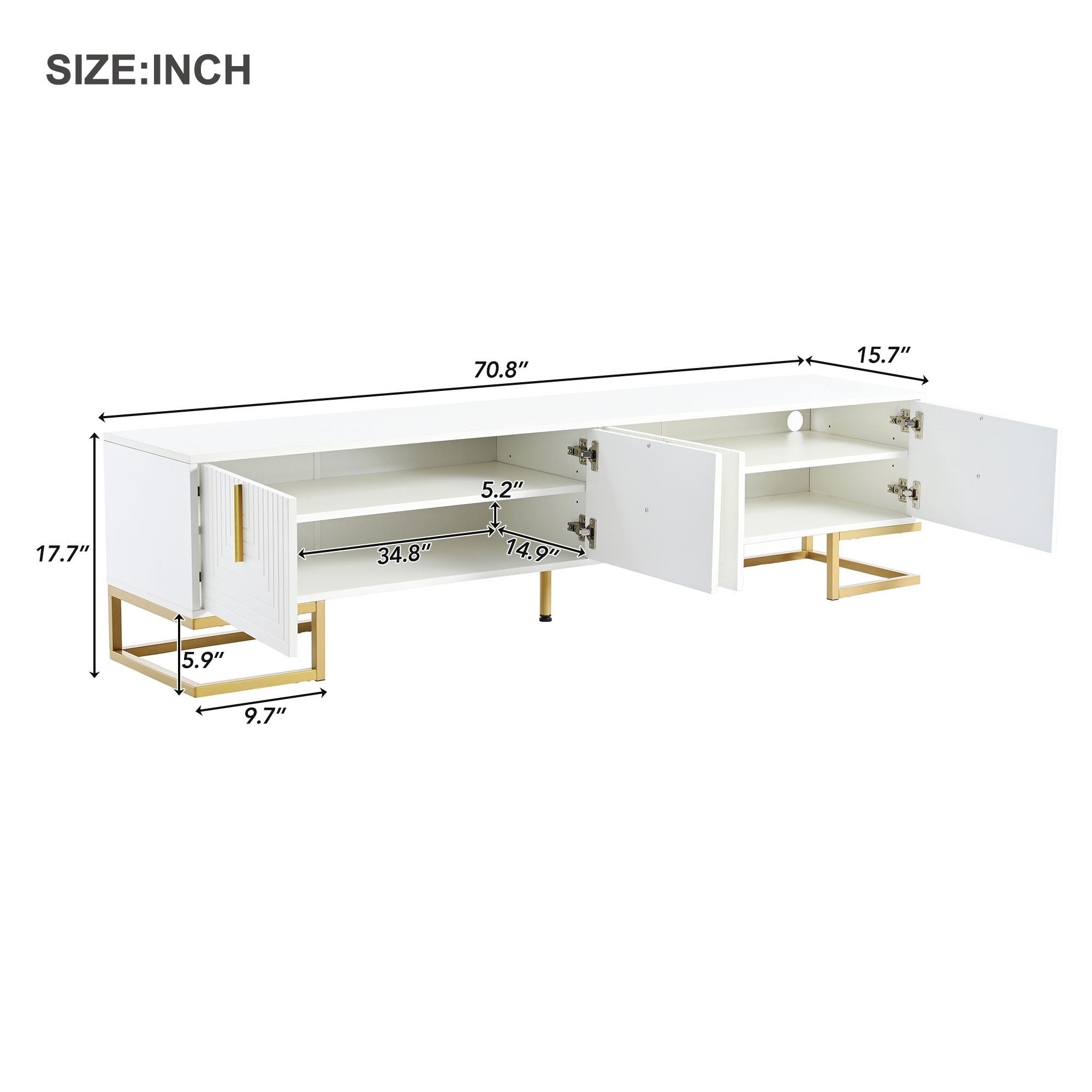 TV Stand Modern White Gold Geometric Door MDF Adjustable Shelves Fits 80 In