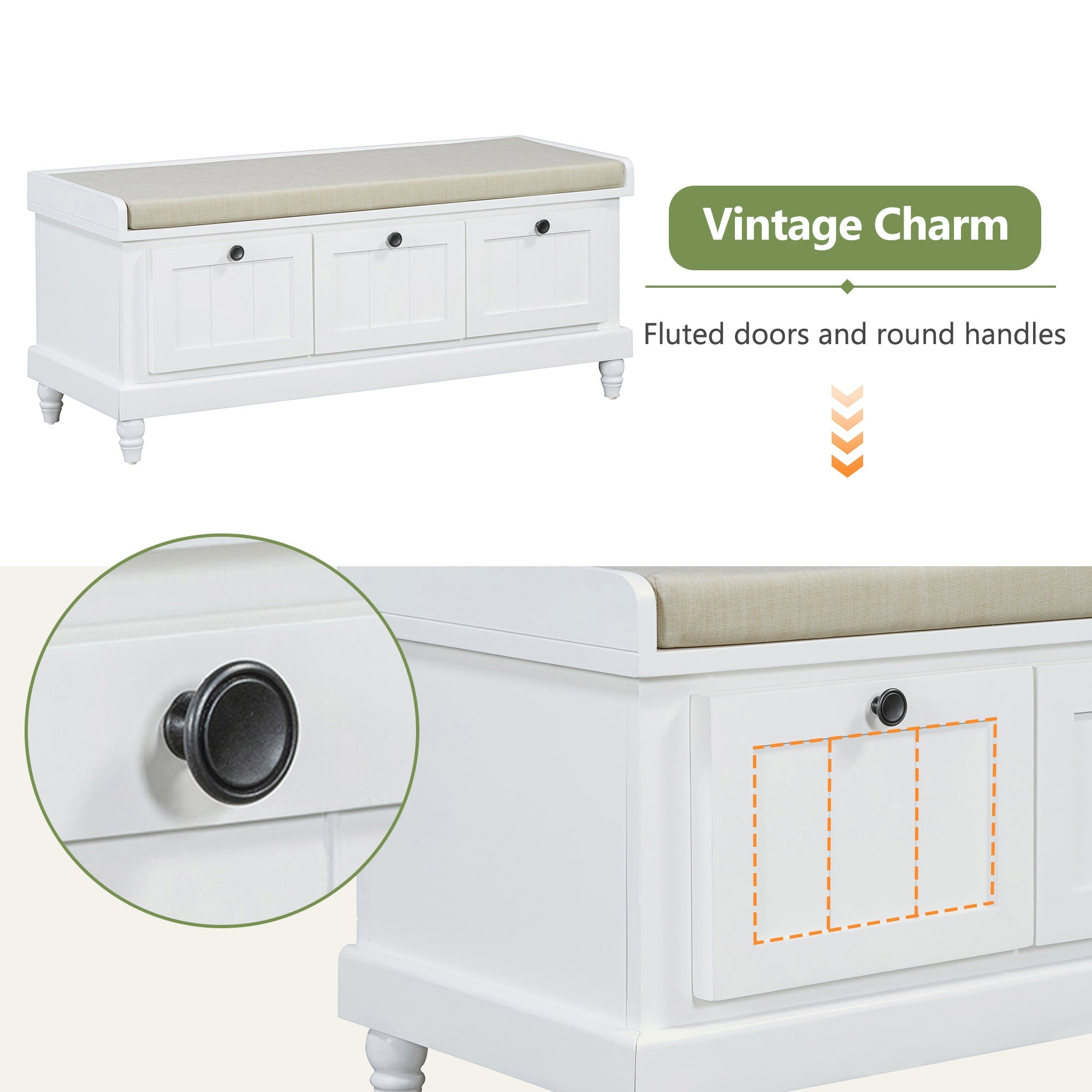 Entry Bench Fluted MDF White Cushioned Seat 3 Drawers 44x16x19 In 220 LB