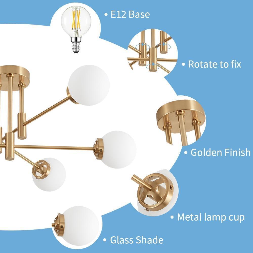 Gold Sputnik Chandelier Glass Globe Shade Modern Light