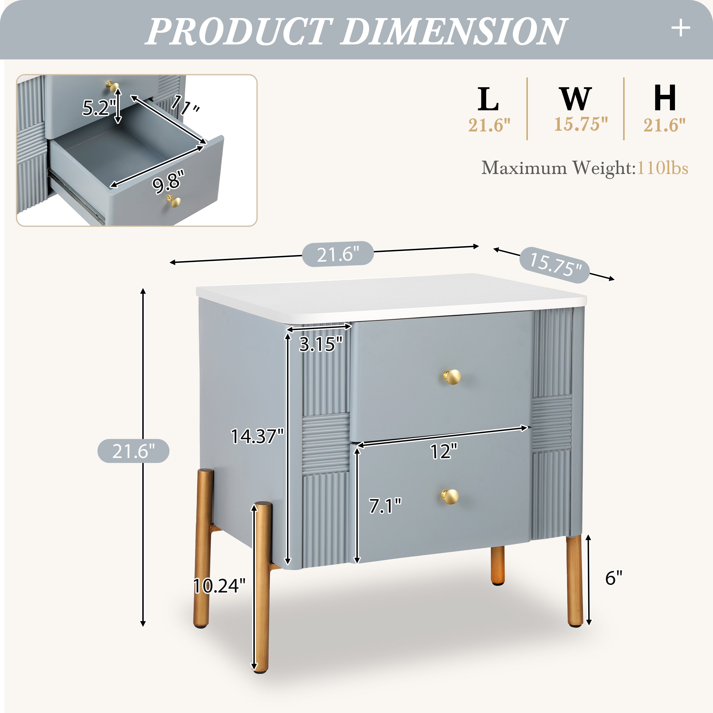 Modern Fluted Nightstand with 2 Drawers, Gold Metal Legs and Handles, Blue