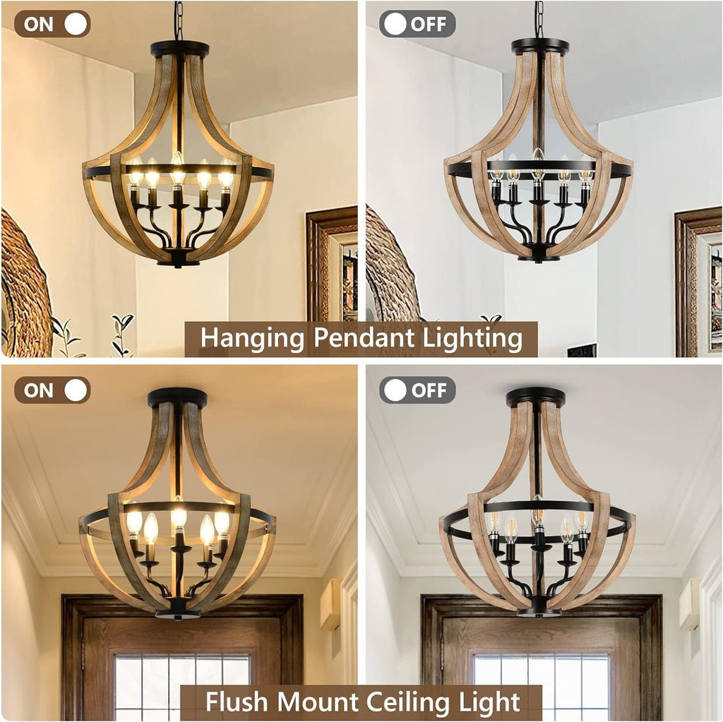 Chandelier Farmhouse 5-Light Solid Wood Adjustable Brown Dining Kitchen
