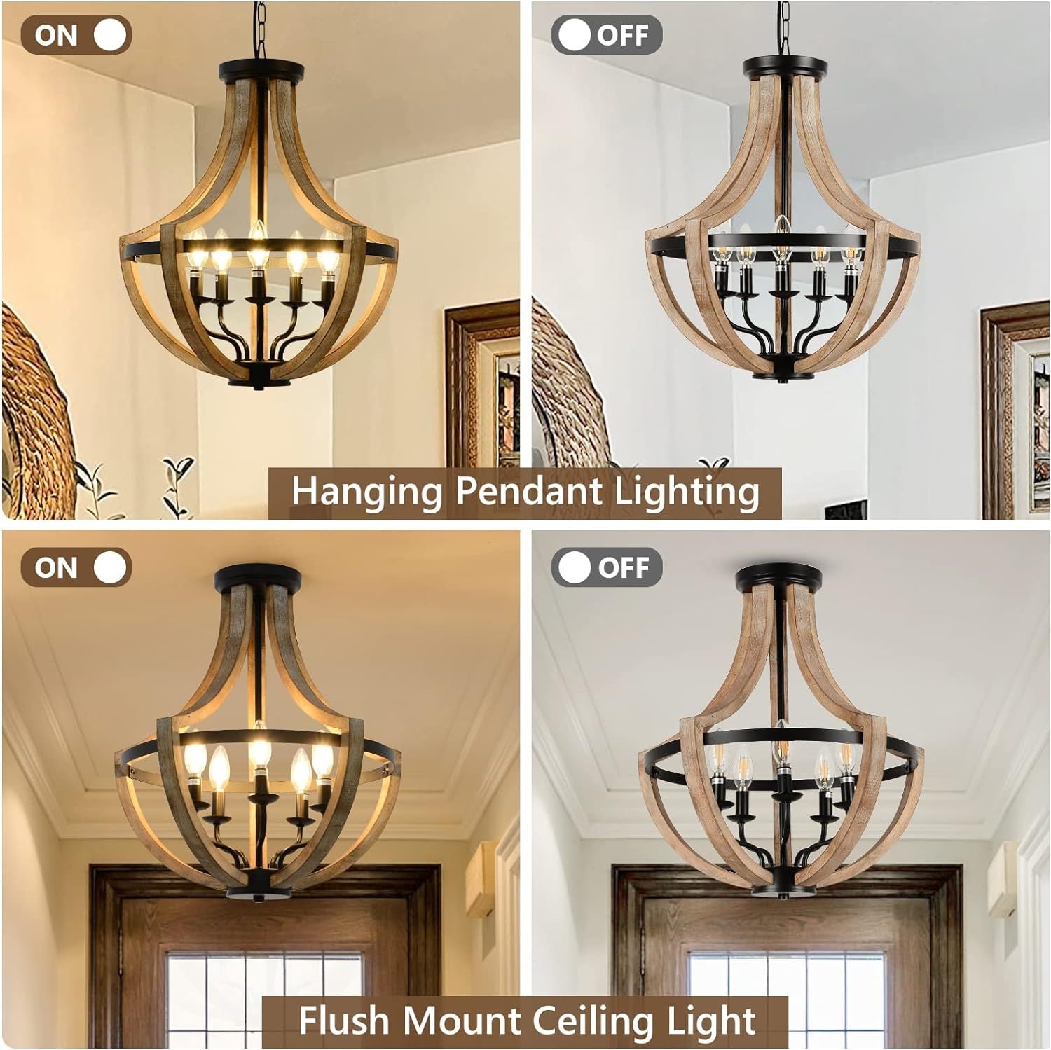Chandelier Farmhouse 5-Light Solid Wood Adjustable Brown Dining Kitchen