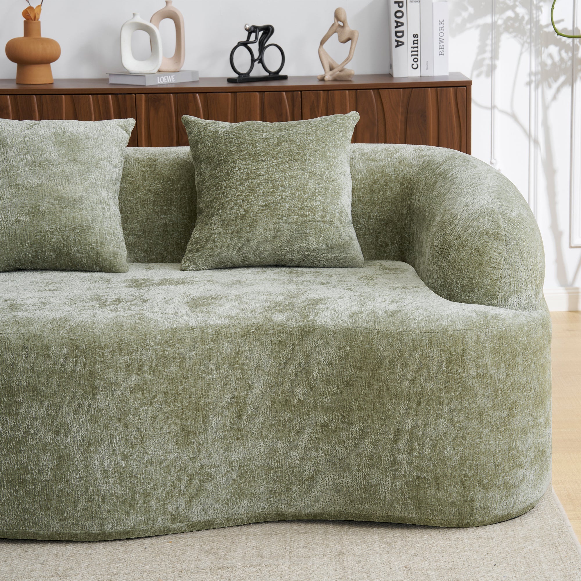 Sectional Sofa l Shape Chenille Green Curved Chaise with Foam and Spring Support