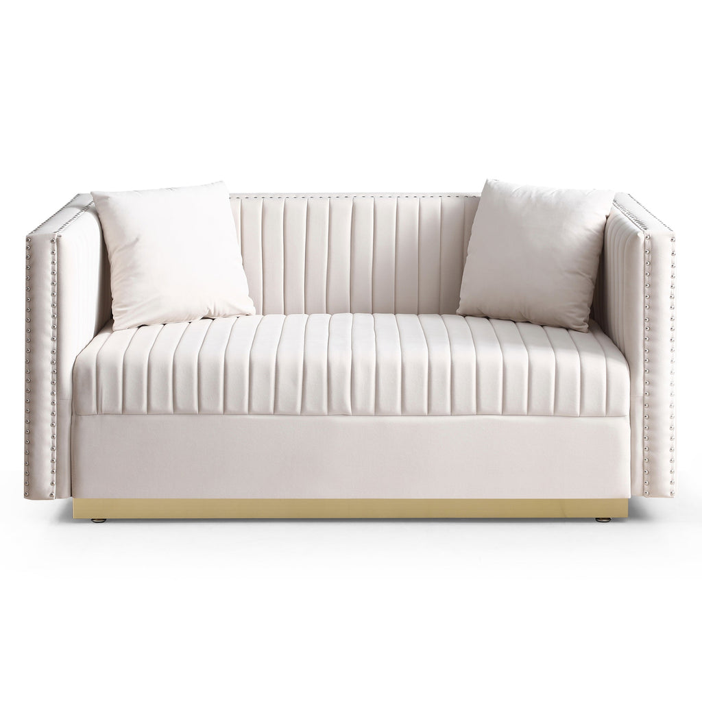 Loveseat Velvet Beige Channel Tufted Gold Stainless Base 2 Seat 61 In 600 LB