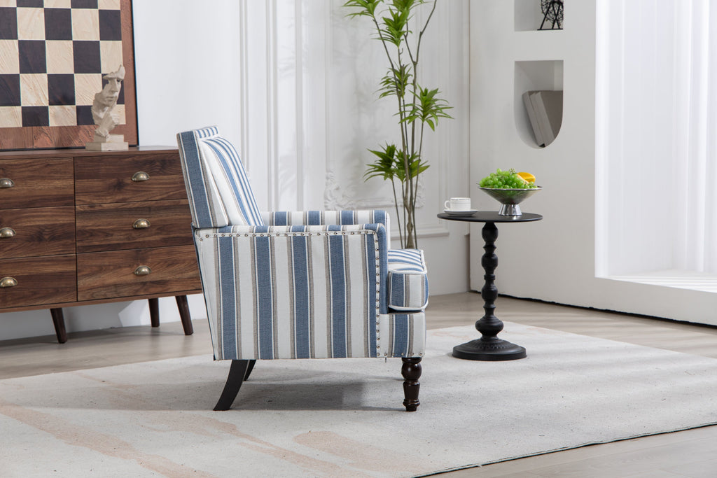 Accent Chair Vintage Striped Linen Blue White Nailhead Solid Wood Legs
