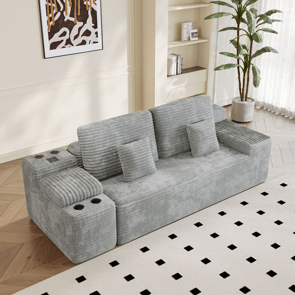 Sectional Sofa U-Shape Corduroy Light Gray 6 Seat USB Bluetooth 150 In