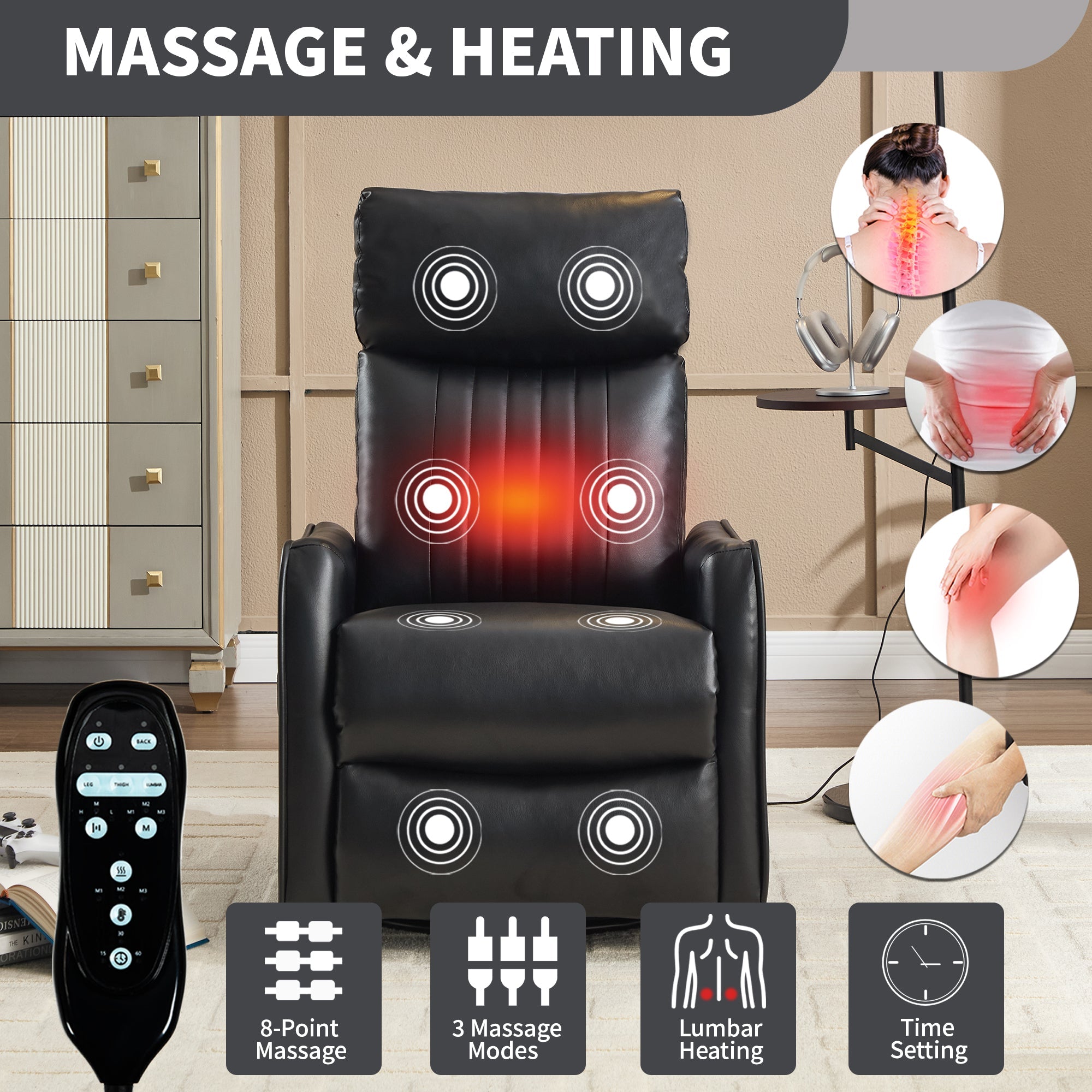 Black Faux Leather Massage Recliner Chair w/ Heat Rocker Swivel