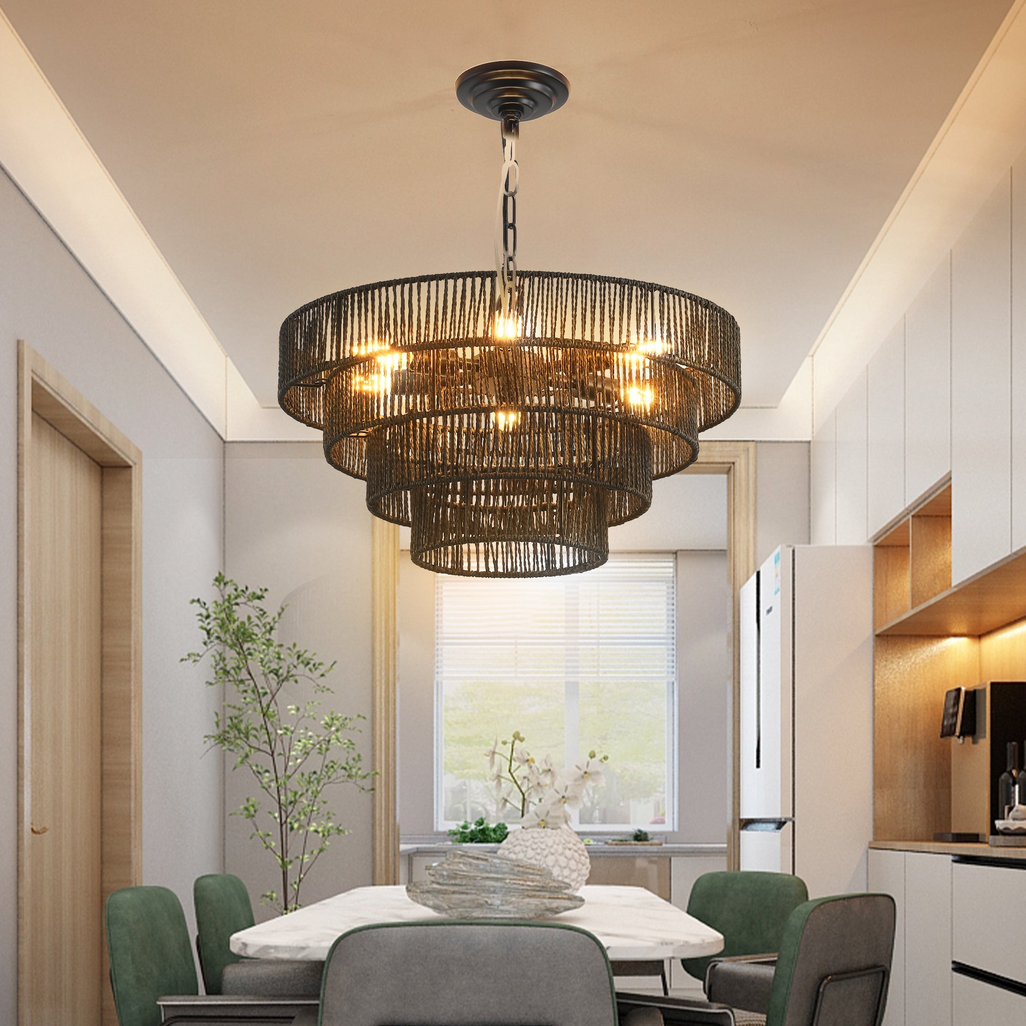 Chandelier 4-Tier Black Hemp Rope Pendant 6-Light Boho 20 In Dining