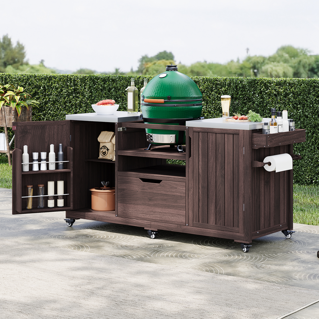 Outdoor Kitchen Island Grill Cart Fir Wood Stainless Steel Top 66.5x23x34 In