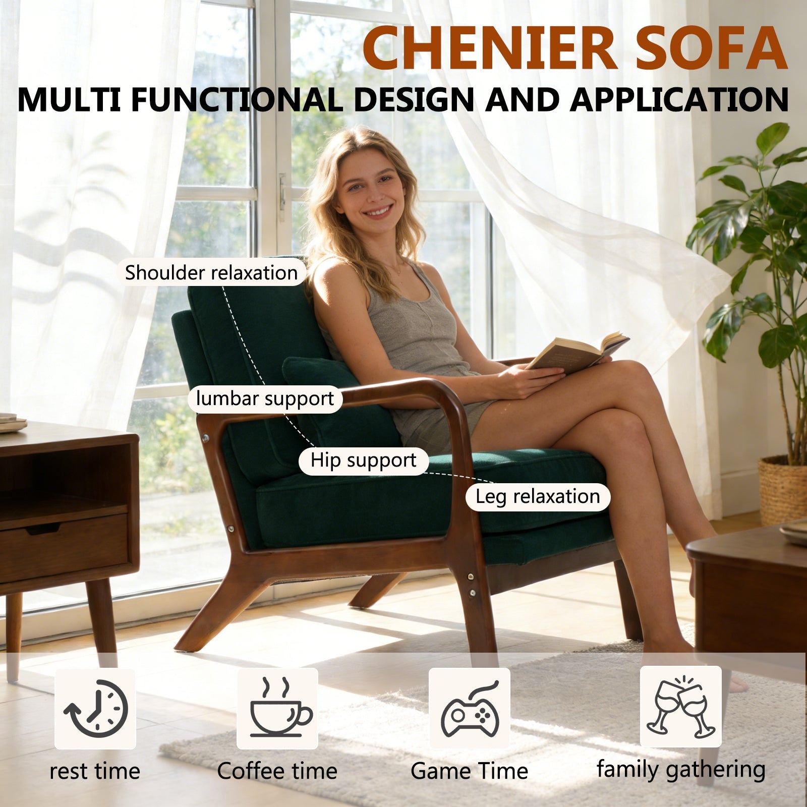 Lounge Chair Mid-Century Modern Dark Green Upholstered Lumbar Cushion