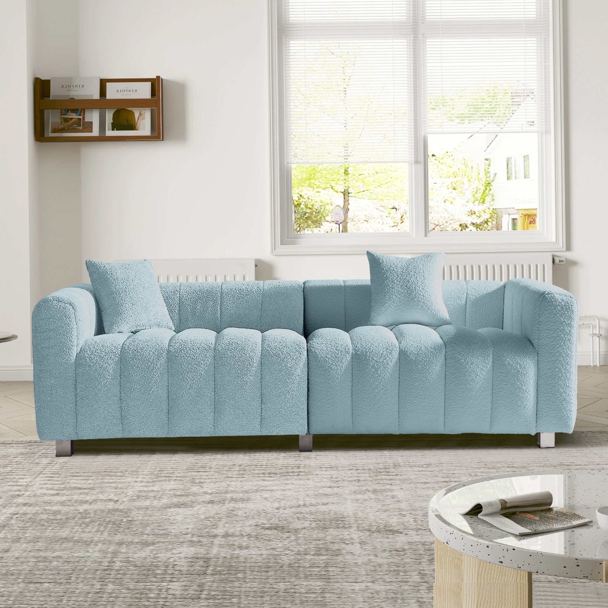 Sofa Modern Velvet Three Seater with Metal Base and Two Pillows