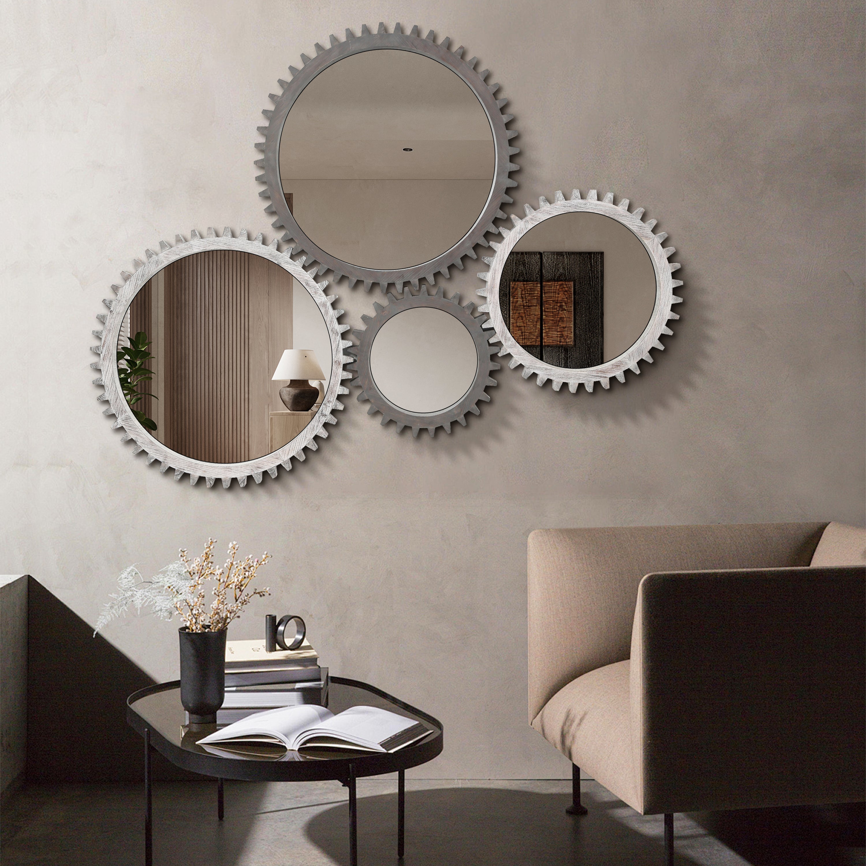 Wall Mirror Round Gear Shape Antique Dark Brown Wood 17x17 Inch Living Room