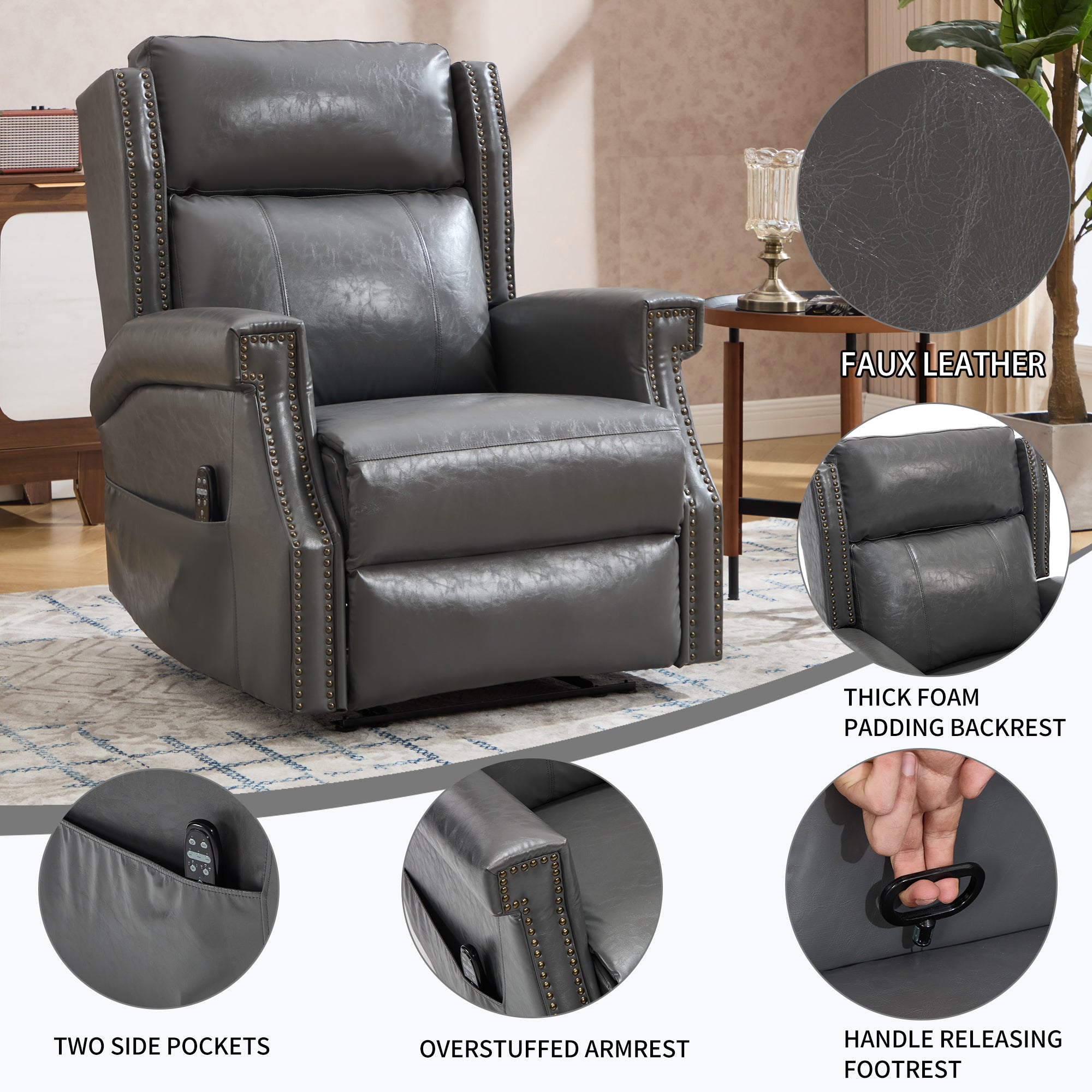 Recliner Chair Manual Faux Leather Gray Heat Massage 155 Degree 8 Nodes