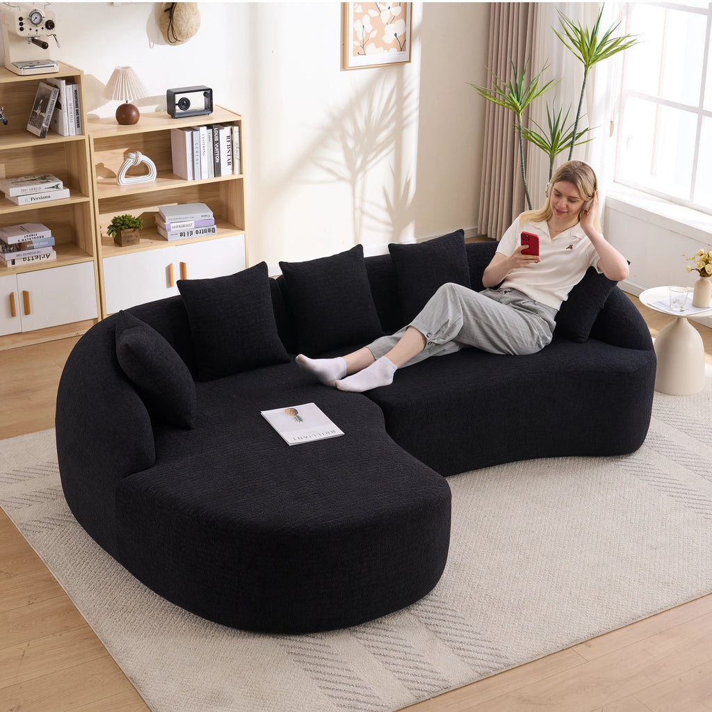Sectional Sofa l Shaped with Curved Chaise Black Chenille Sleeper