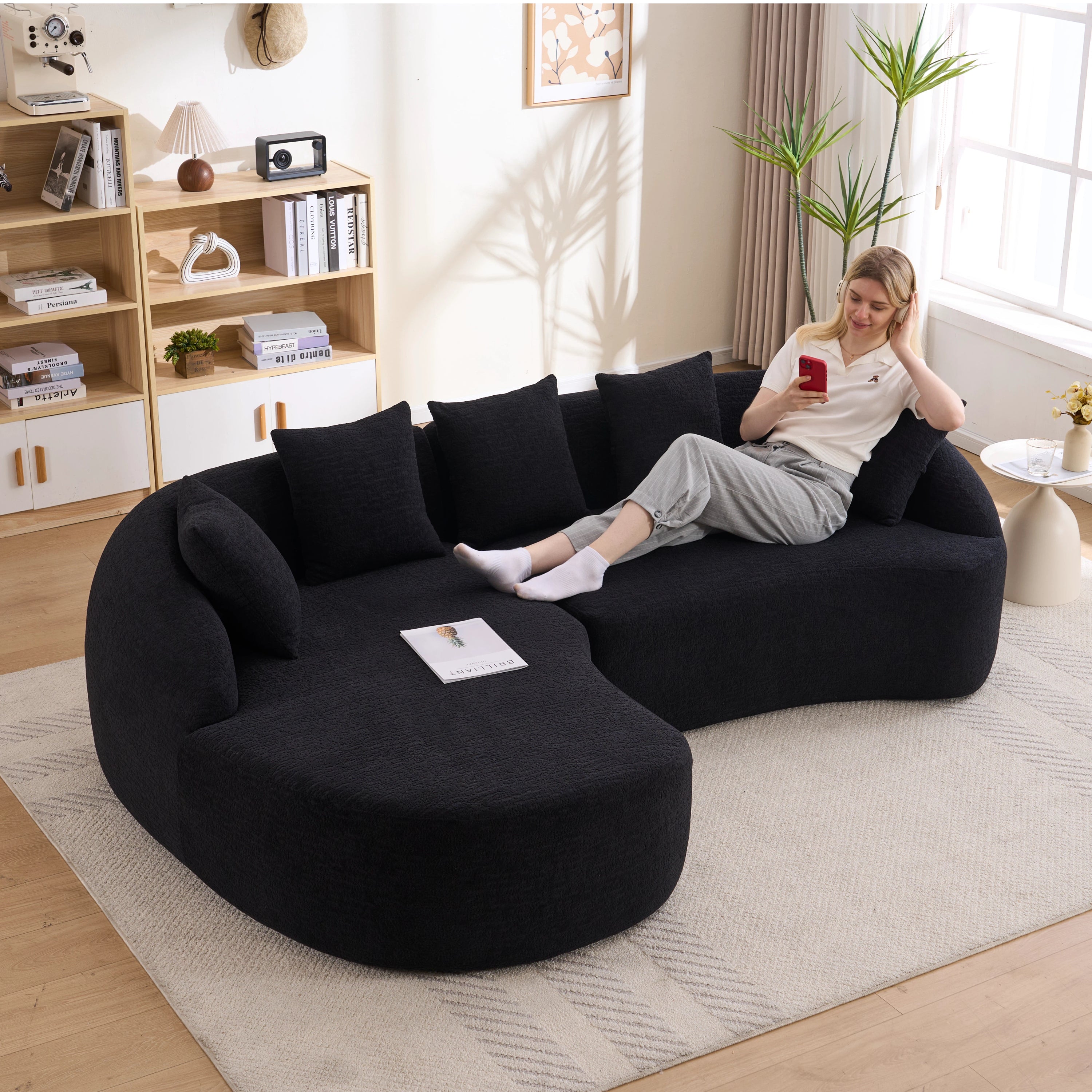 Sectional Sofa l Shaped with Curved Chaise Black Chenille Sleeper