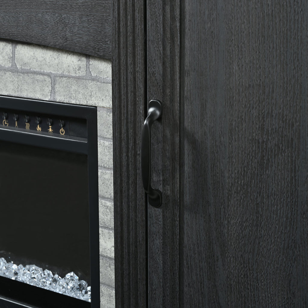 TV Stand Fireplace Black MDF Walnut Top Gray Brick 1400W Fits 70 In TV 66.9 In