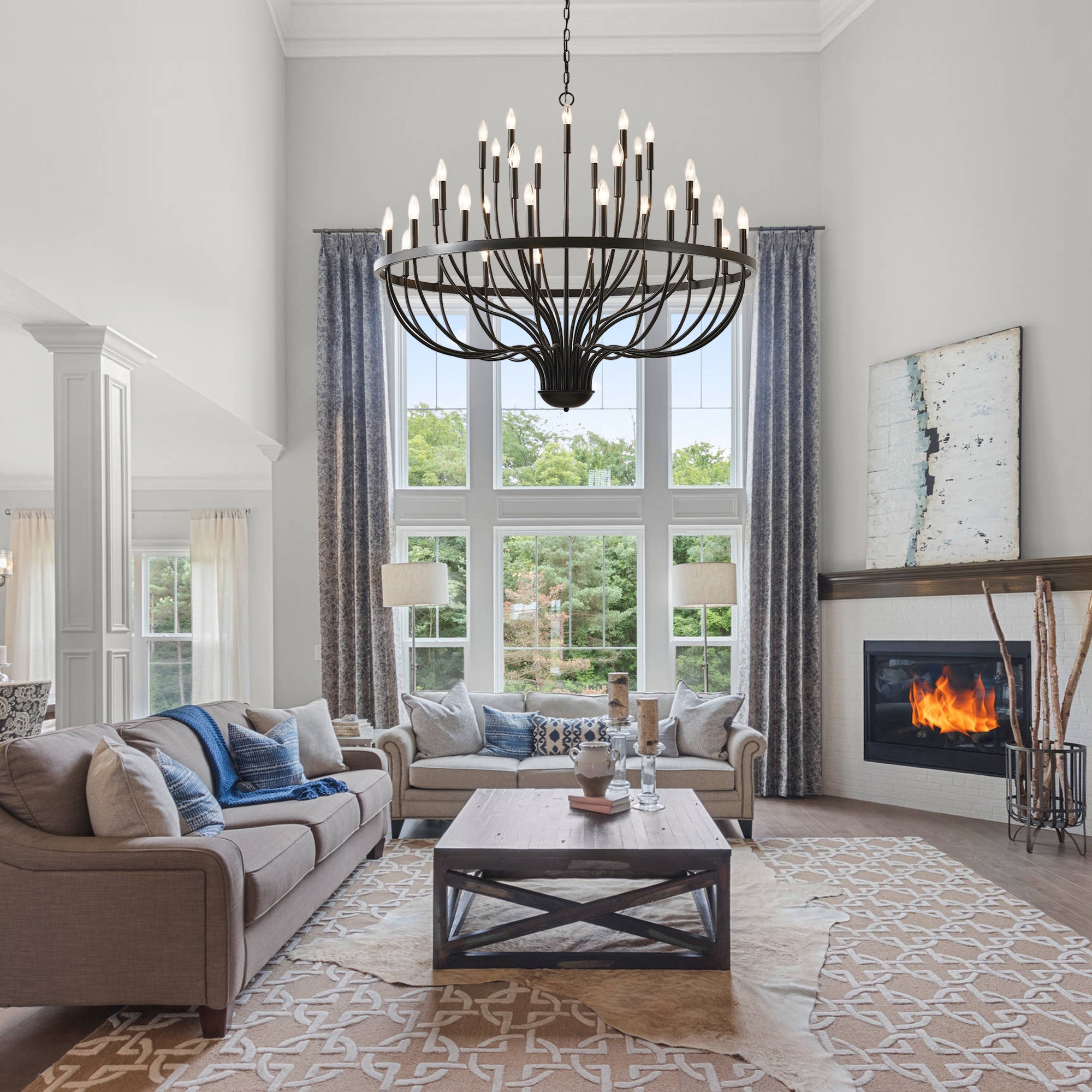 Chandelier 36-Light Black Industrial Iron Candle Farmhouse Pendant