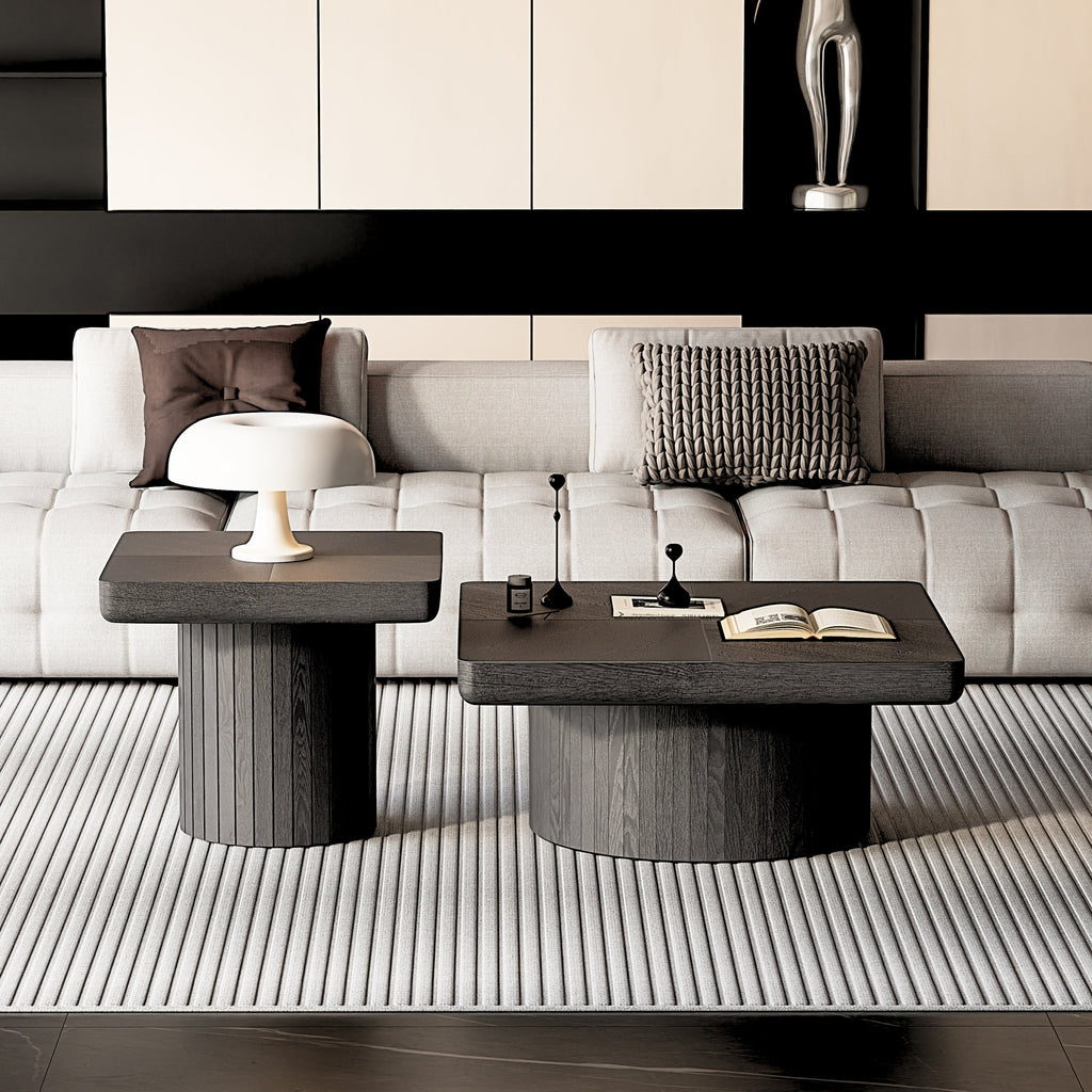 2-Piece Wood Nesting Coffee Tables, Fluted Pedestal, Living Room, Black