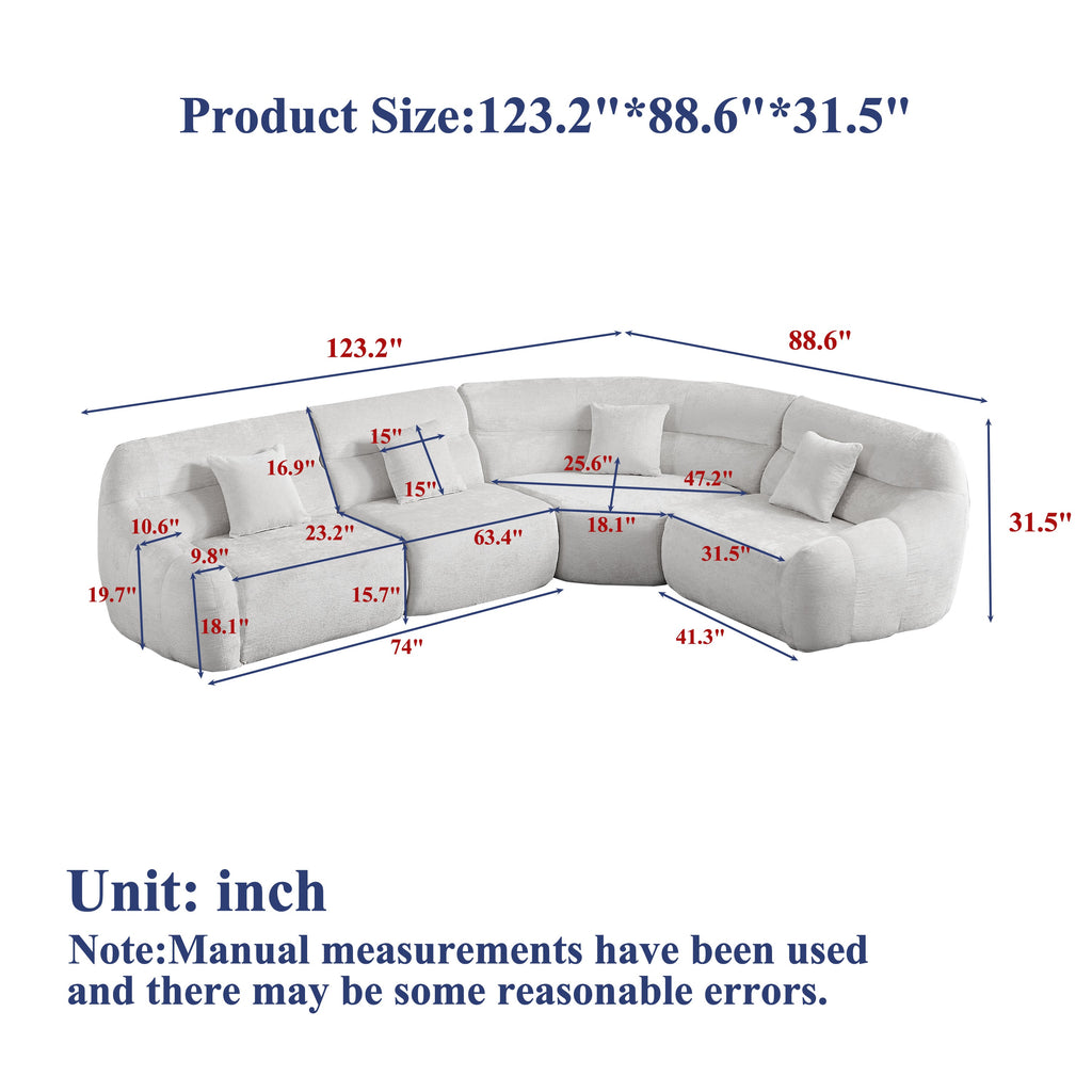 Sectional Sofa Curved Beige Chenille 123.2 Inch Four Pillows No Assembly