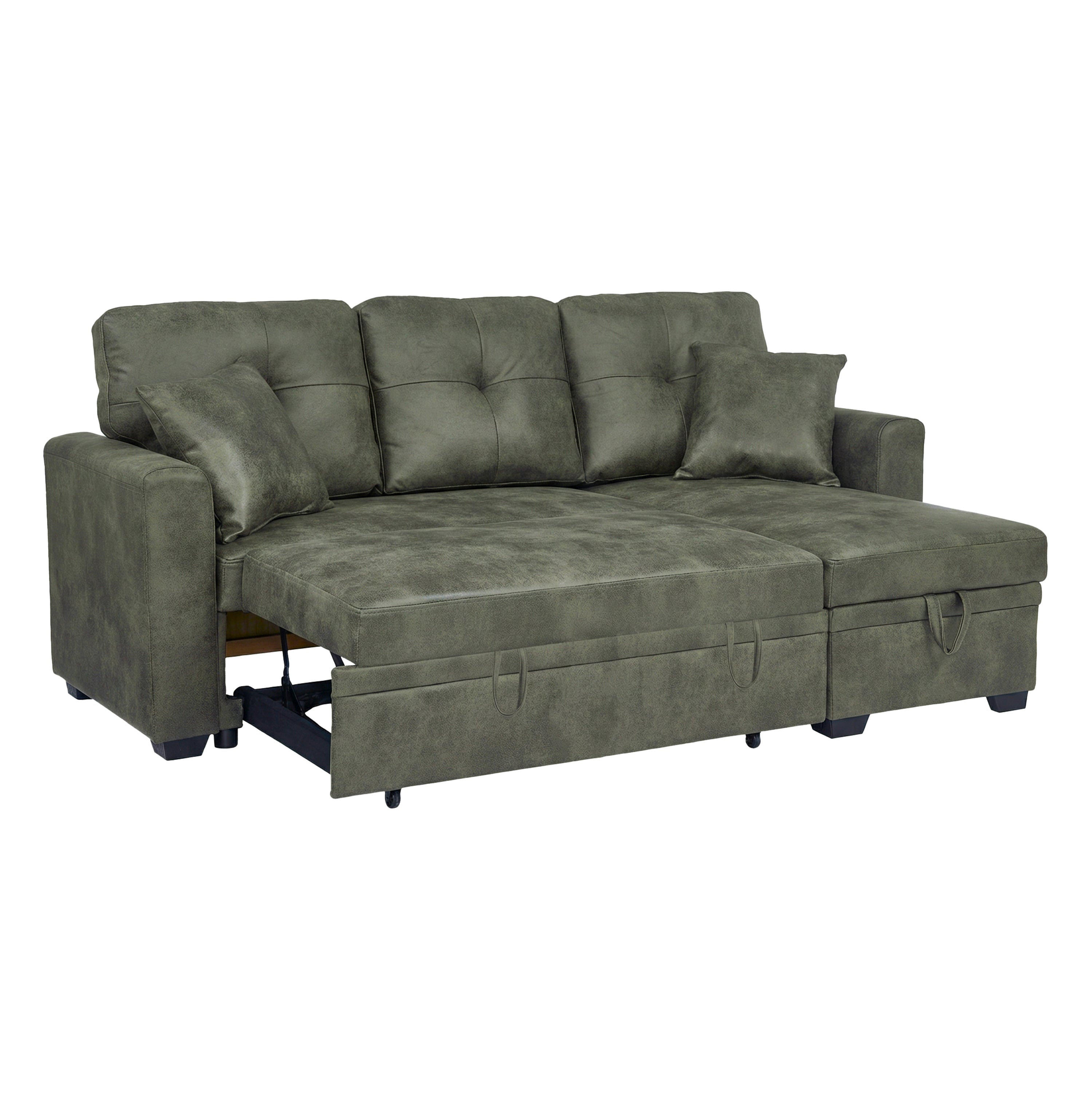 Sectional Sofa l Shaped Olive Green Fabric Sleeper with Small Space Solution