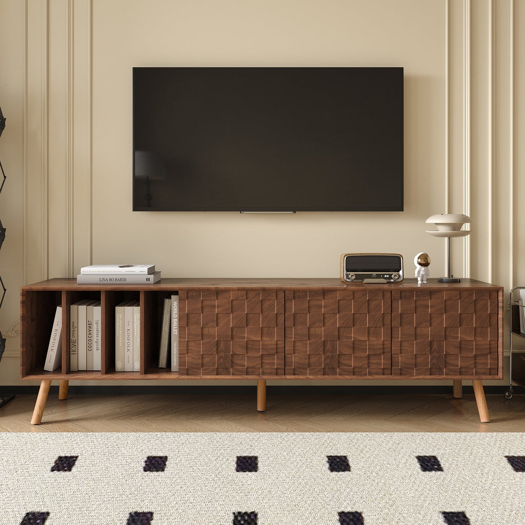 TV Stand Mid-Century Walnut Solid Wood MDF Push-Pop Doors Fits 80 In TV
