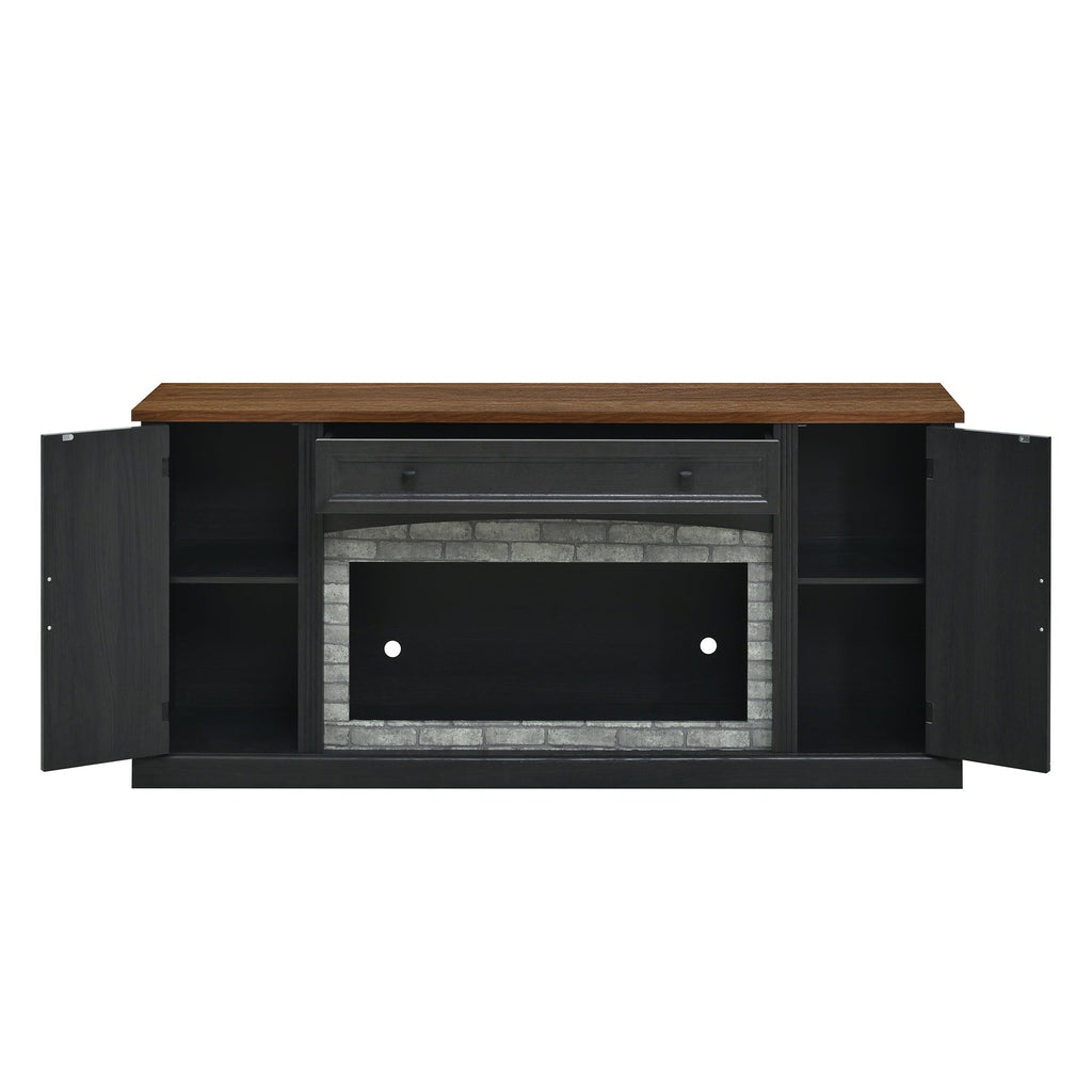 TV Stand Modern Walnut Top Gray Brick MDF Sliding Door Fits 70 In TV 66.9 In