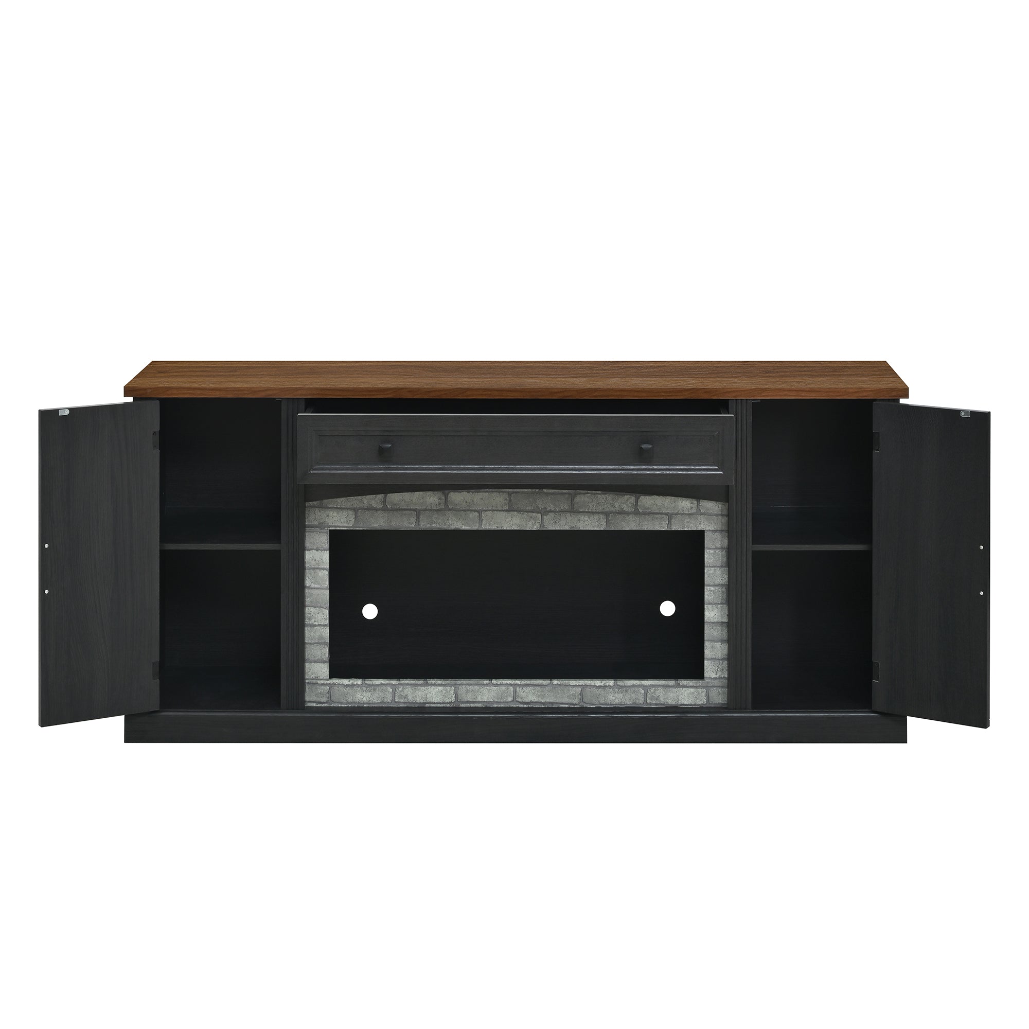 TV Stand Modern Walnut Top Gray Brick MDF Sliding Door Fits 70 In TV 66.9 In