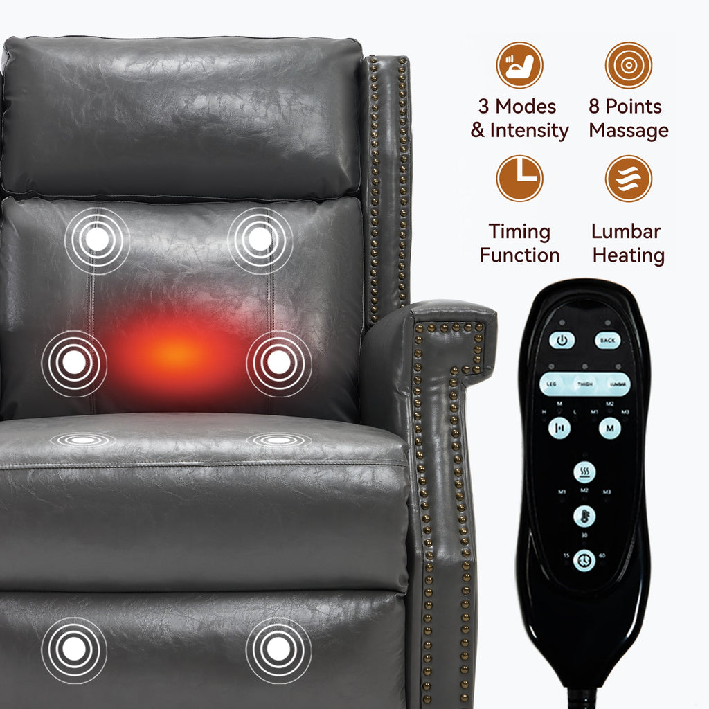 Recliner Chair Manual Faux Leather Gray Heat Massage 155 Degree 8 Nodes