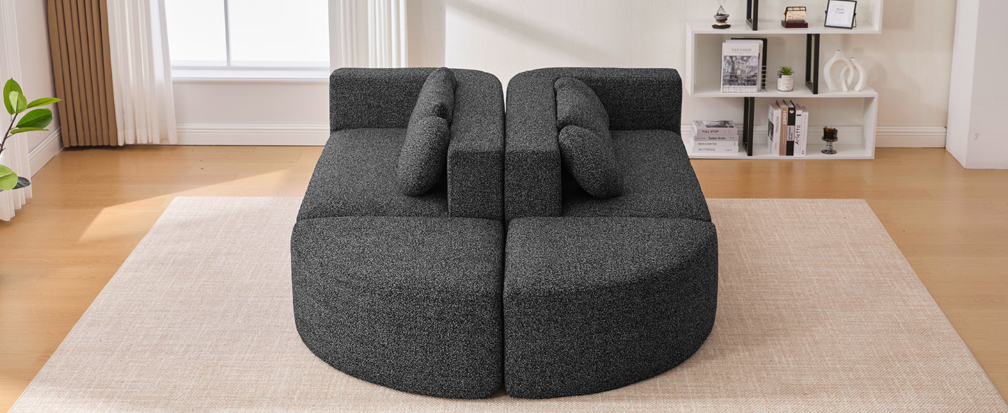 Sectional Sofa U-Shape Modular Boucle Black 6-Seat Deep Seating 114.9x64.5 In