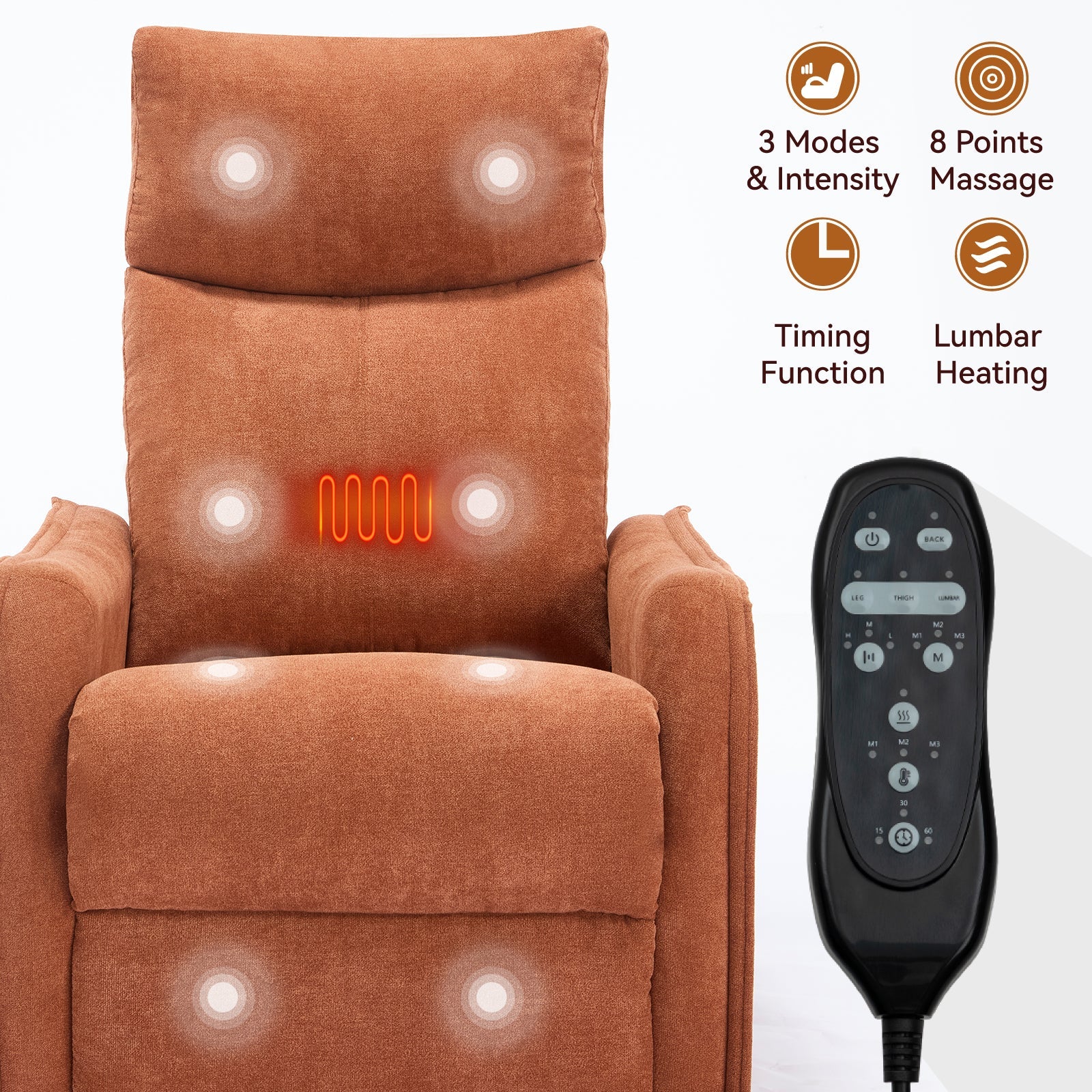 Heated Massage Recliner Chair Swivel Rocker Fabric Orange