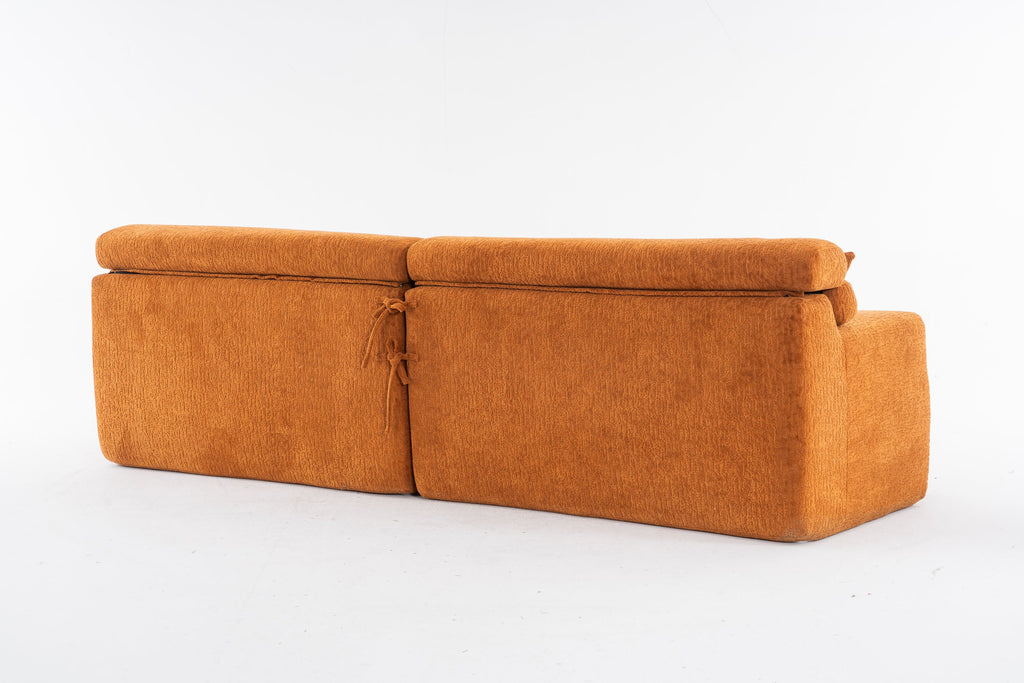 Reconfigurable 4-Seater Sectional Sofa with Wood Grain Chenille Fabric, Amber Orange Modular Sofa with 2 Pillows, High-Density Sponge Couch for Living Room & Apartment