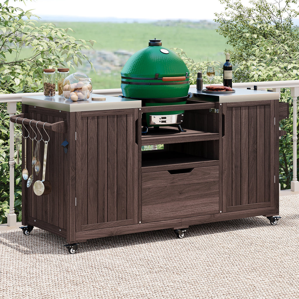 Outdoor Kitchen Island Grill Cart Fir Wood Stainless Steel Top 66.5x23x34 In