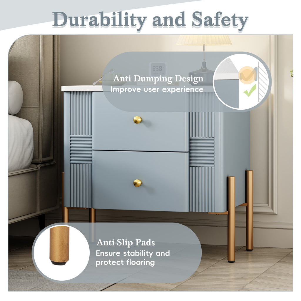 Modern Fluted Nightstand with 2 Drawers, Gold Metal Legs and Handles, Blue
