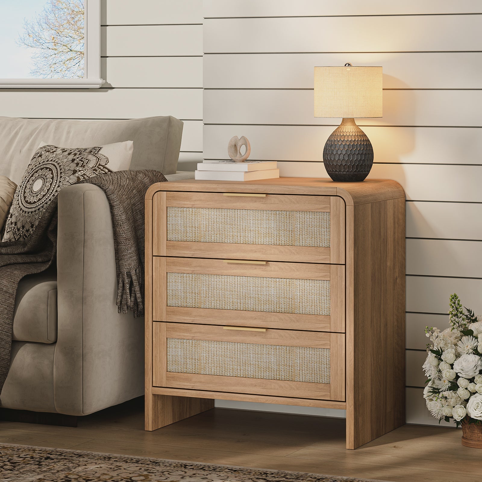 Rattan Nightstand with 3 Drawers, 22.8 in Wide, Curved Wood, Caramel Oak