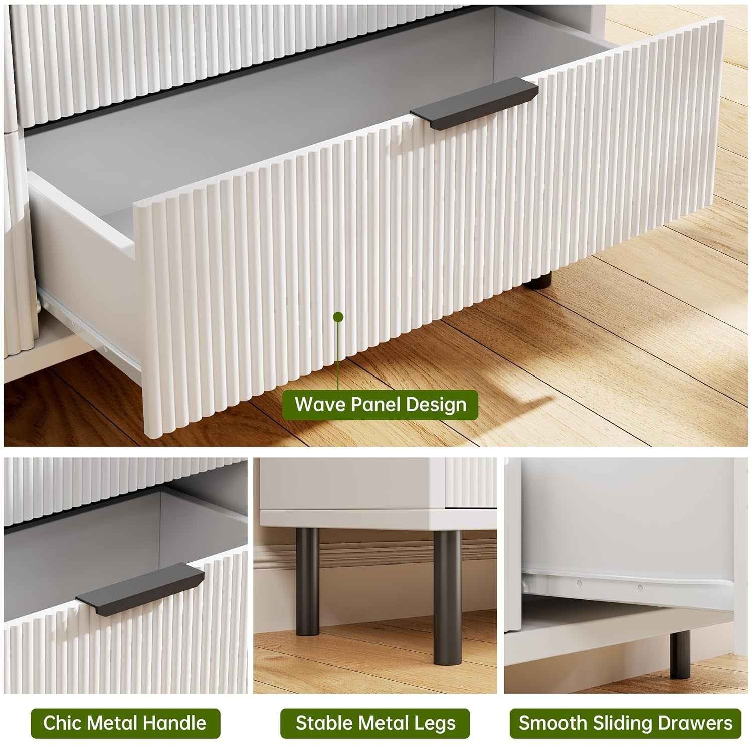 White Fluted Contemporary Dresser With Stainless Legs