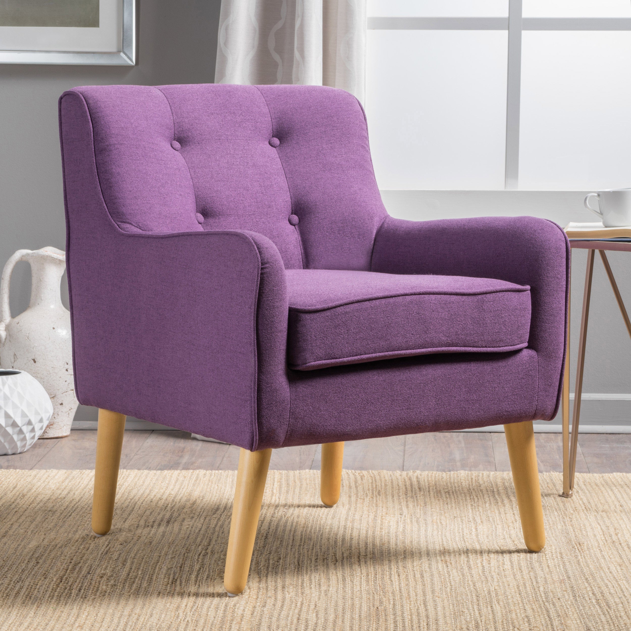 Mid-Century Modern Arm Chair with Tufted Back, Purple Fabric, Birch Wood Legs