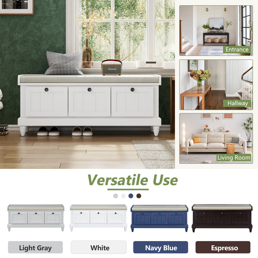 Entry Bench Fluted MDF White Cushioned Seat 3 Drawers 44x16x19 In 220 LB