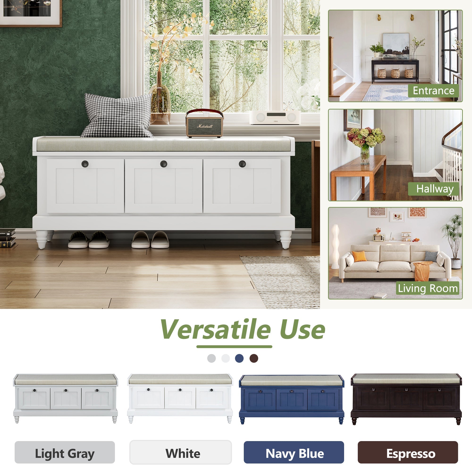 Entry Bench Fluted MDF White Cushioned Seat 3 Drawers 44x16x19 In 220 LB