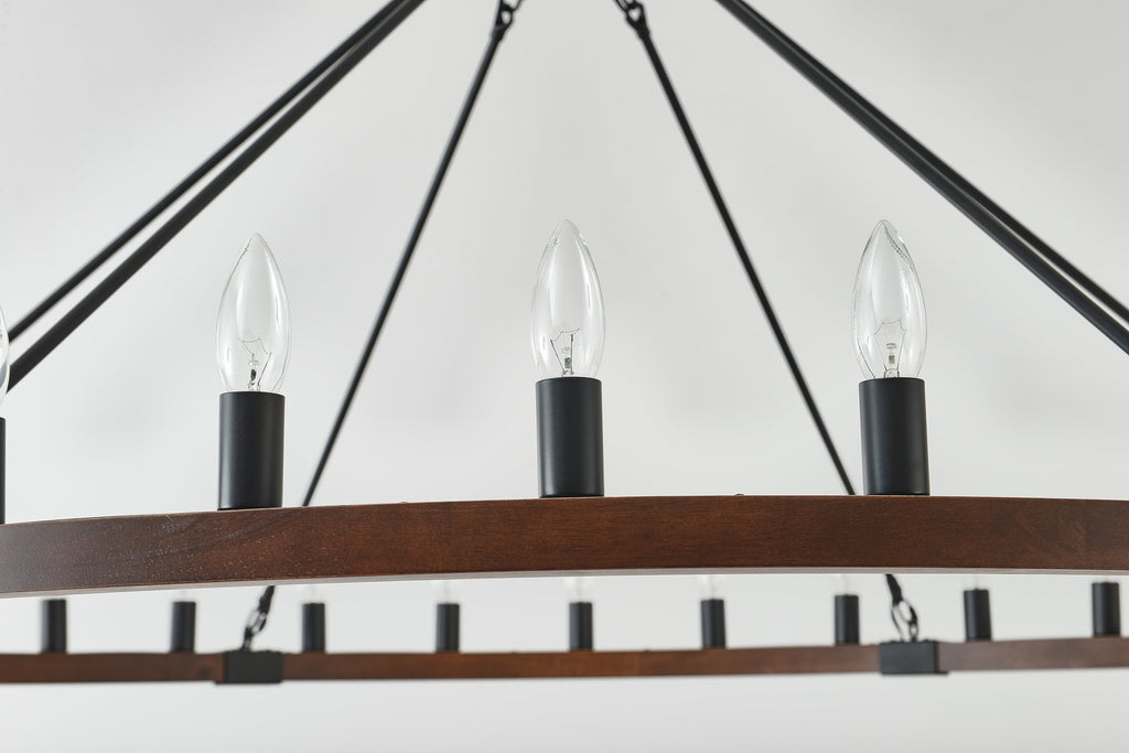 Chandelier Wood Wagon Wheel 20-Light Farmhouse Matte Black 39.3 In