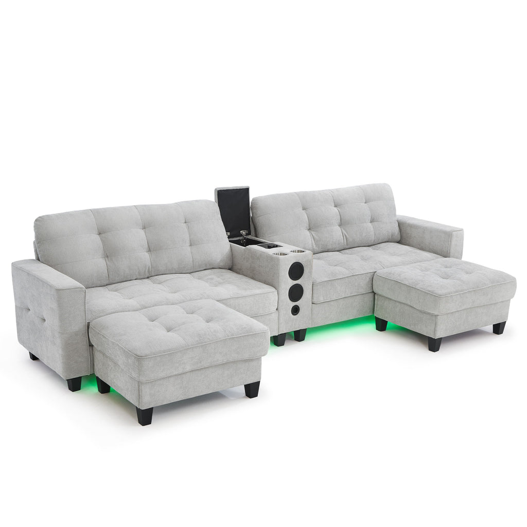Sectional Sofa U-Shape Chenille Light Gray 6 Seat Bluetooth 126 In