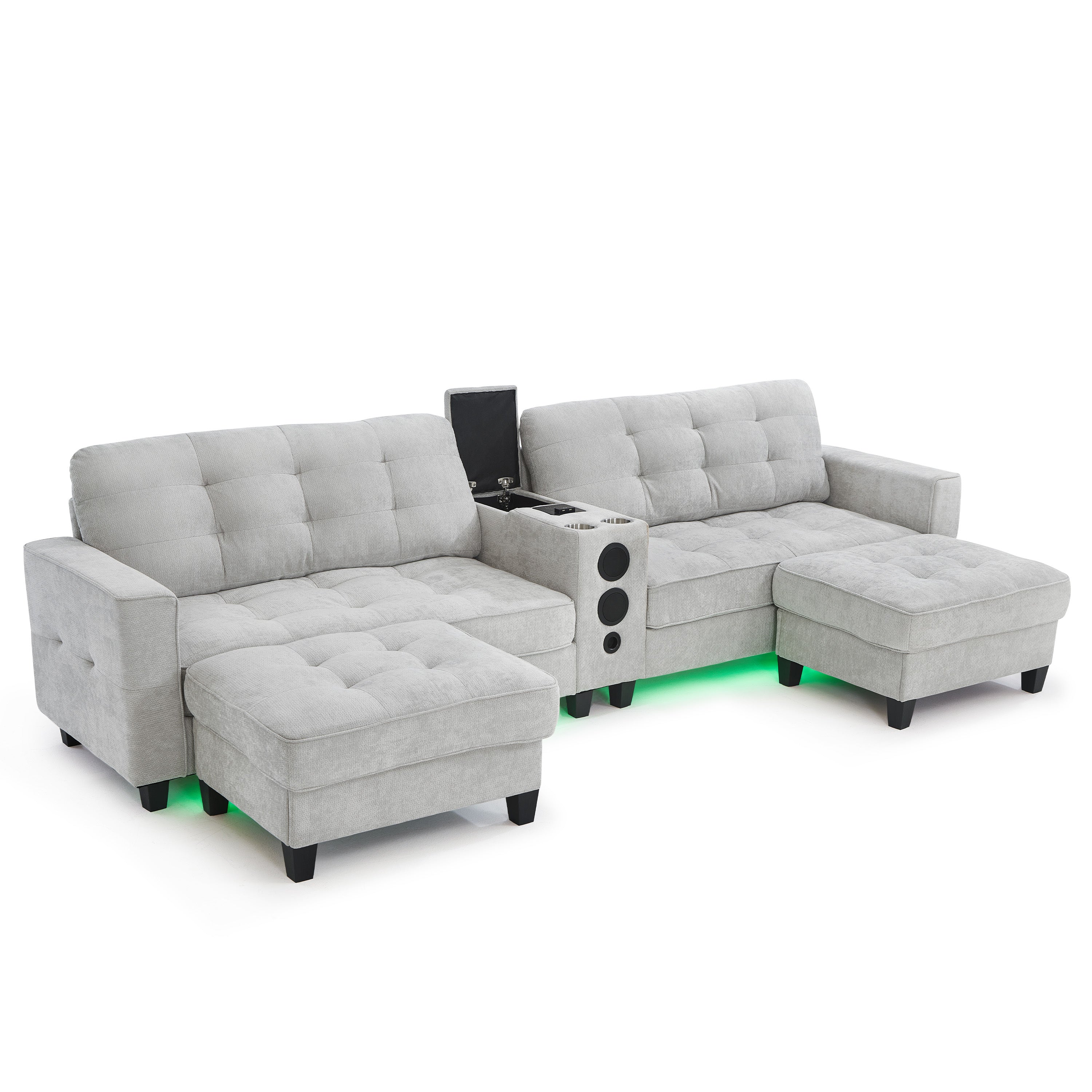 Sectional Sofa U-Shape Chenille Light Gray 6 Seat Bluetooth 126 In