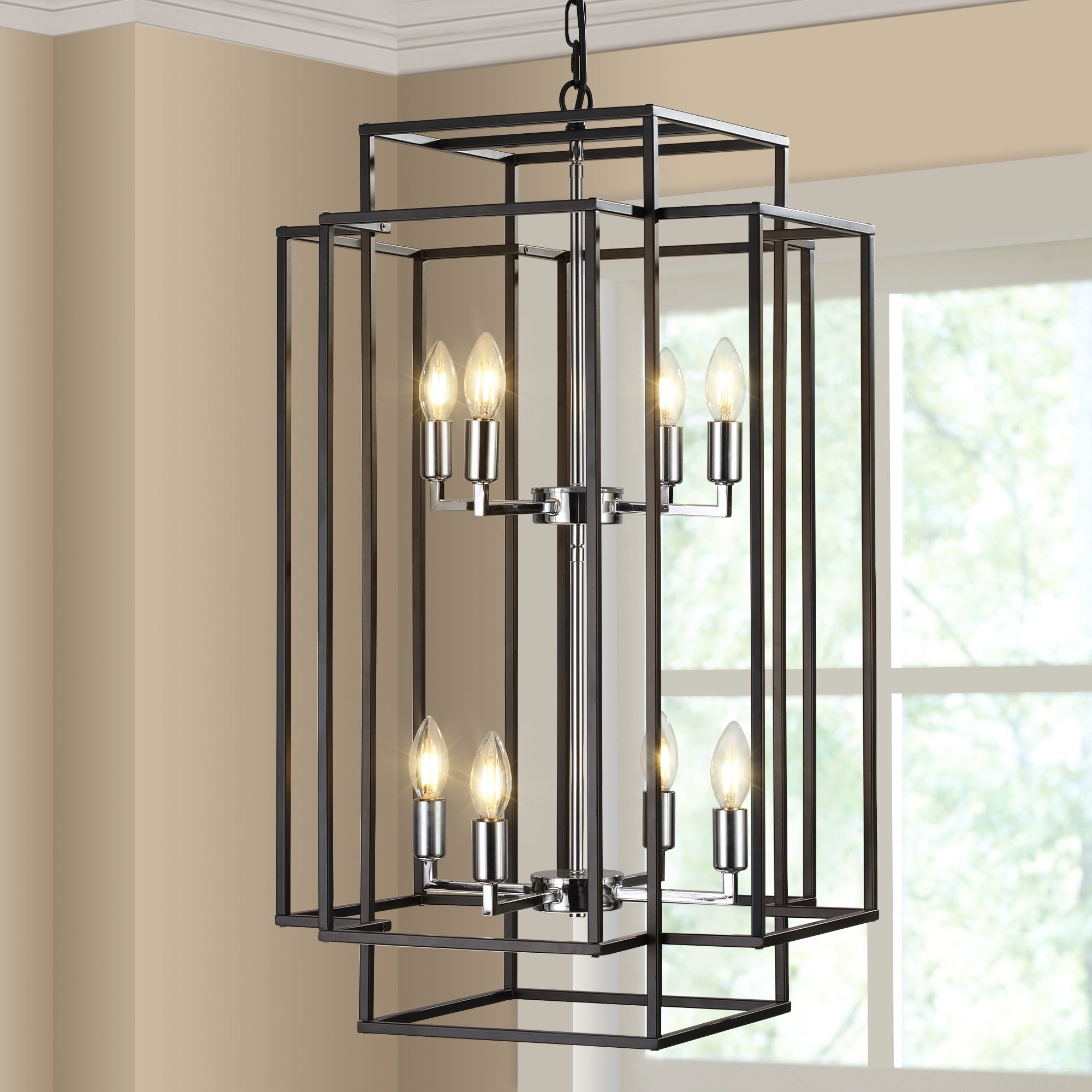 Chandelier 8-Light Black Chrome Geometric Industrial Metal Pendant 18 In