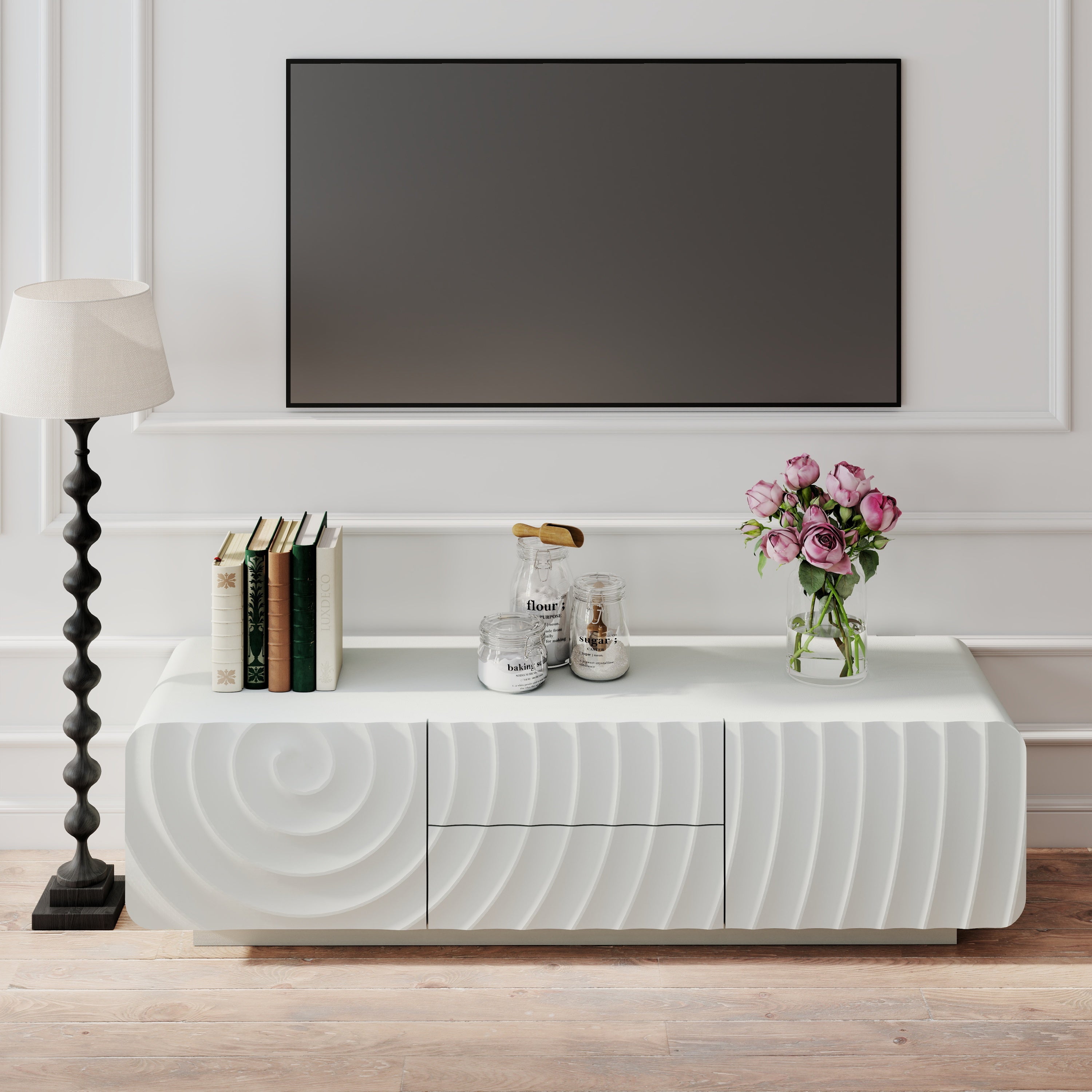 TV Stand Spiral Wave White MDF Floating Base Fits 60 In TV 58.3 In
