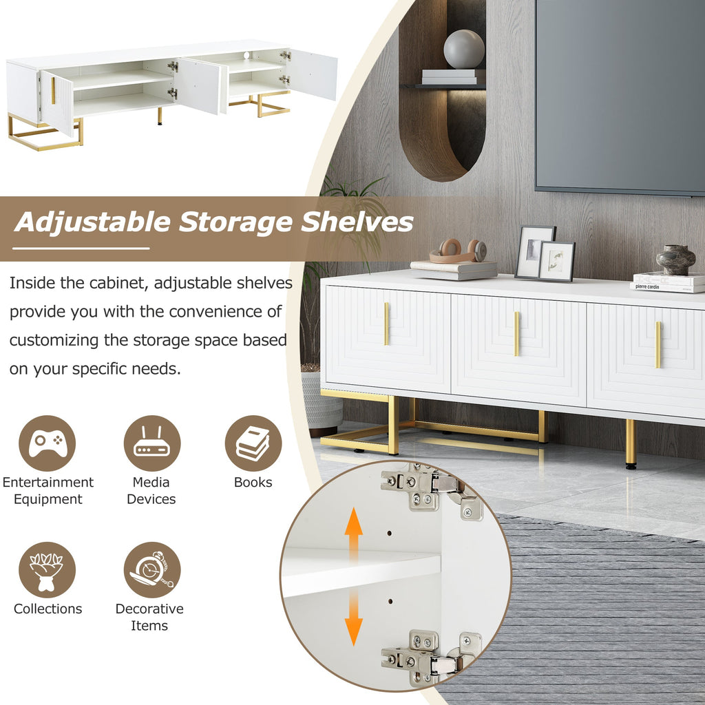 TV Stand Modern White Gold Geometric Door MDF Adjustable Shelves Fits 80 In