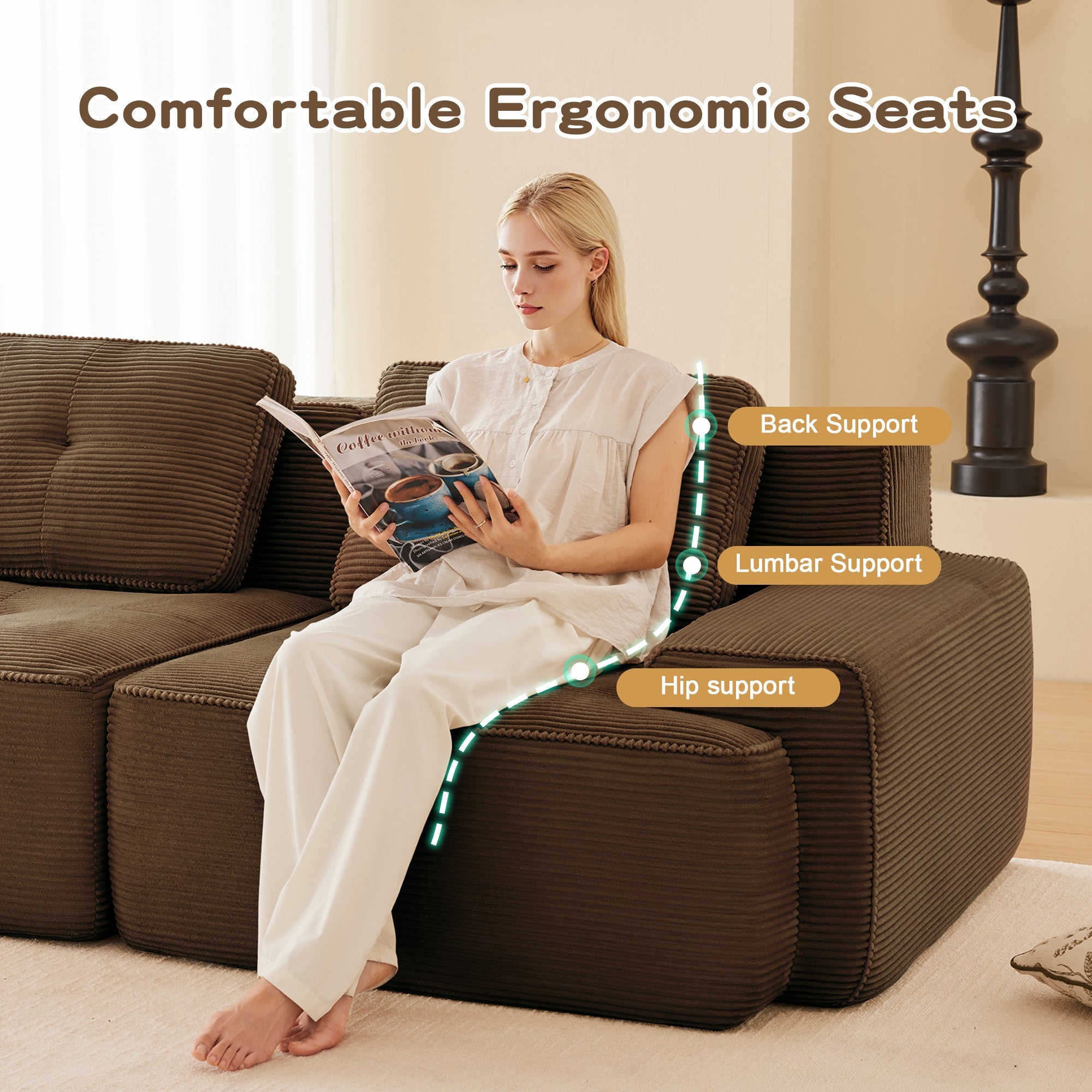 Sectional Sofa L-Shape Corduroy Brown 3 Seat Modular with Ottoman