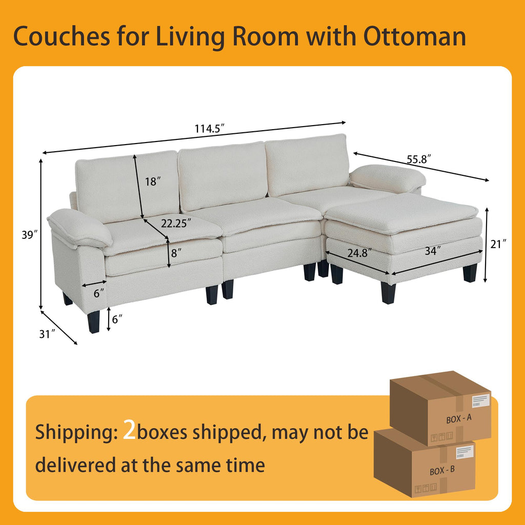 3-Seater Modular Sofa with Ottoman - Teddy Velvet, Solid Wood & Spring Cushion, Double-Layered Seat for Living Room