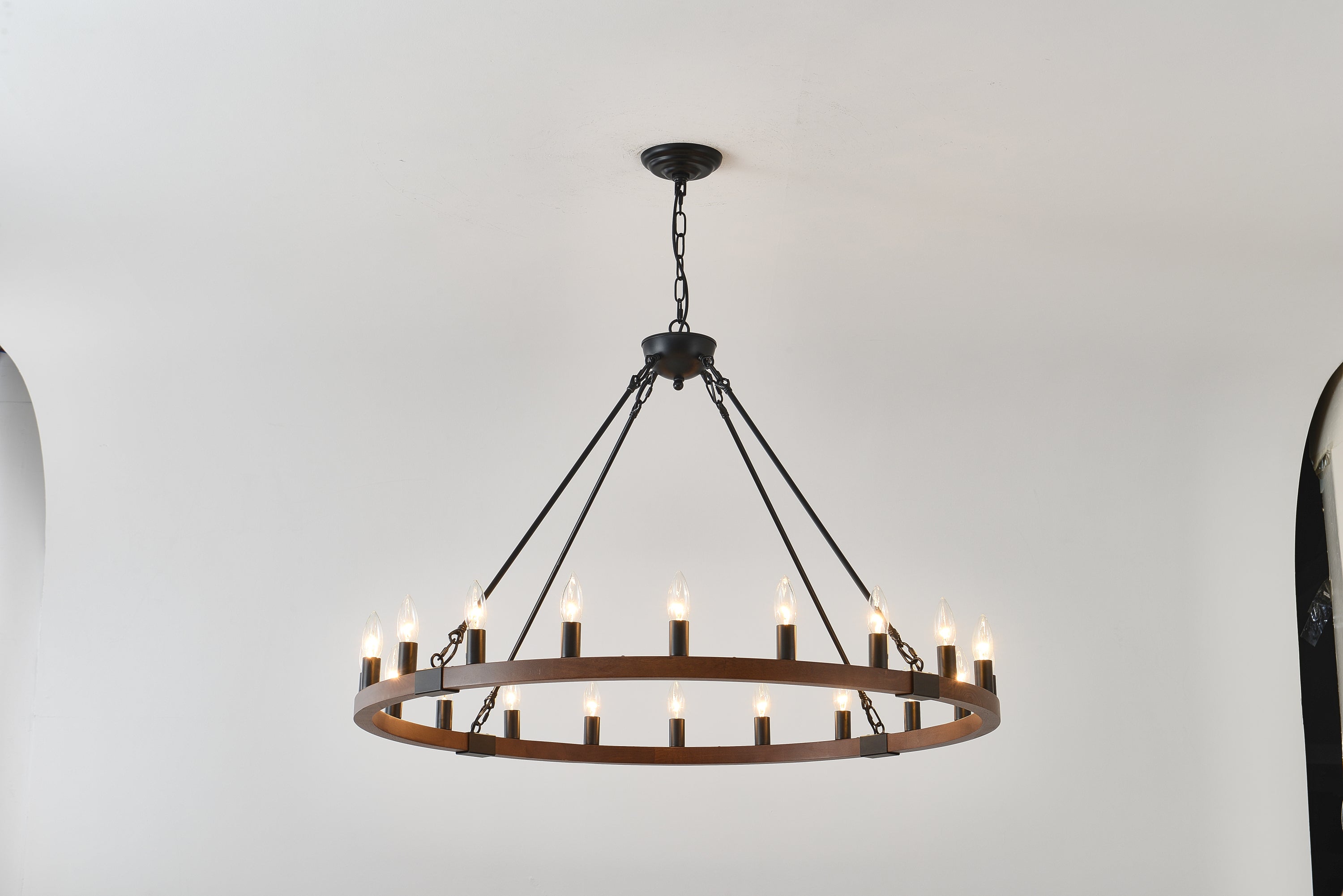 Chandelier Wood Wagon Wheel 20-Light Farmhouse Matte Black 39.3 In