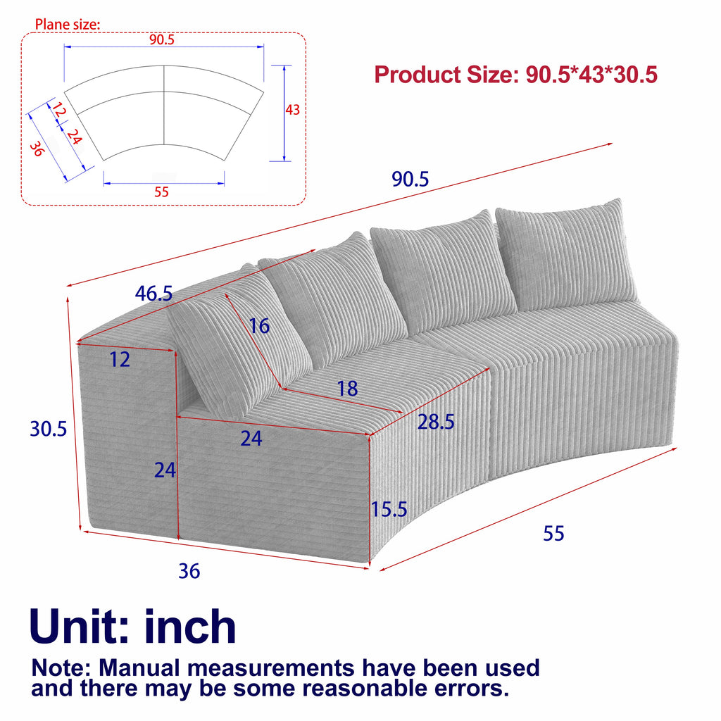Sectional Sofa Curved Corduroy Modular with Four Pillows